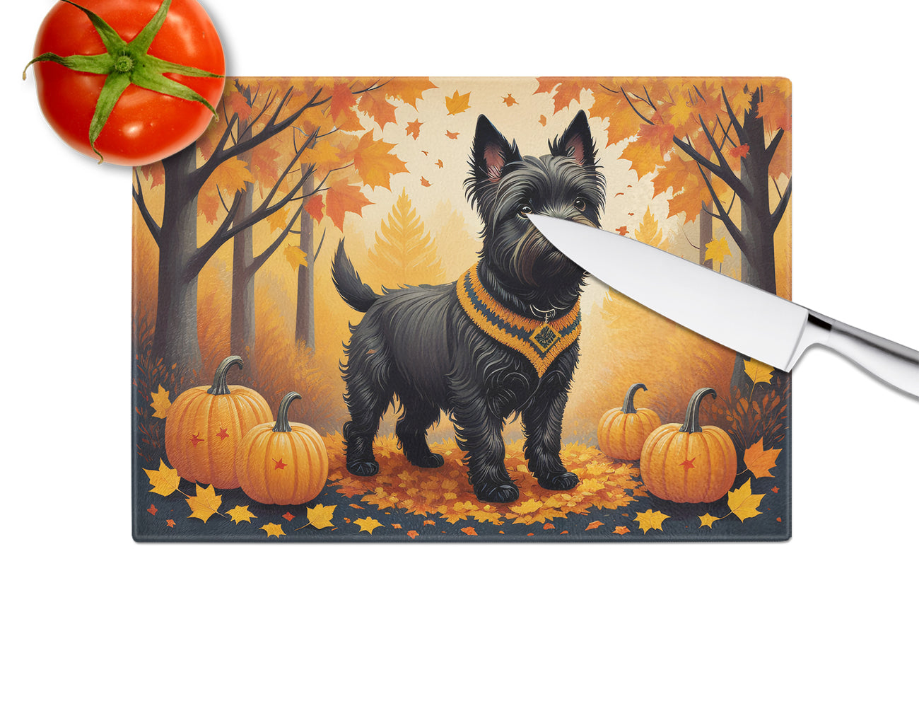 Black Cairn Terrier Fall Glass Cutting Board Large