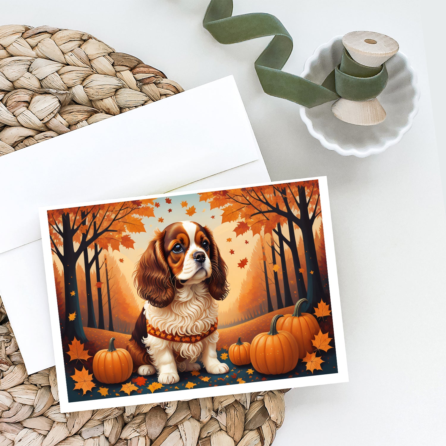 Cavalier Spaniel Fall Greeting Cards and Envelopes Pack of 8  the-store.com.