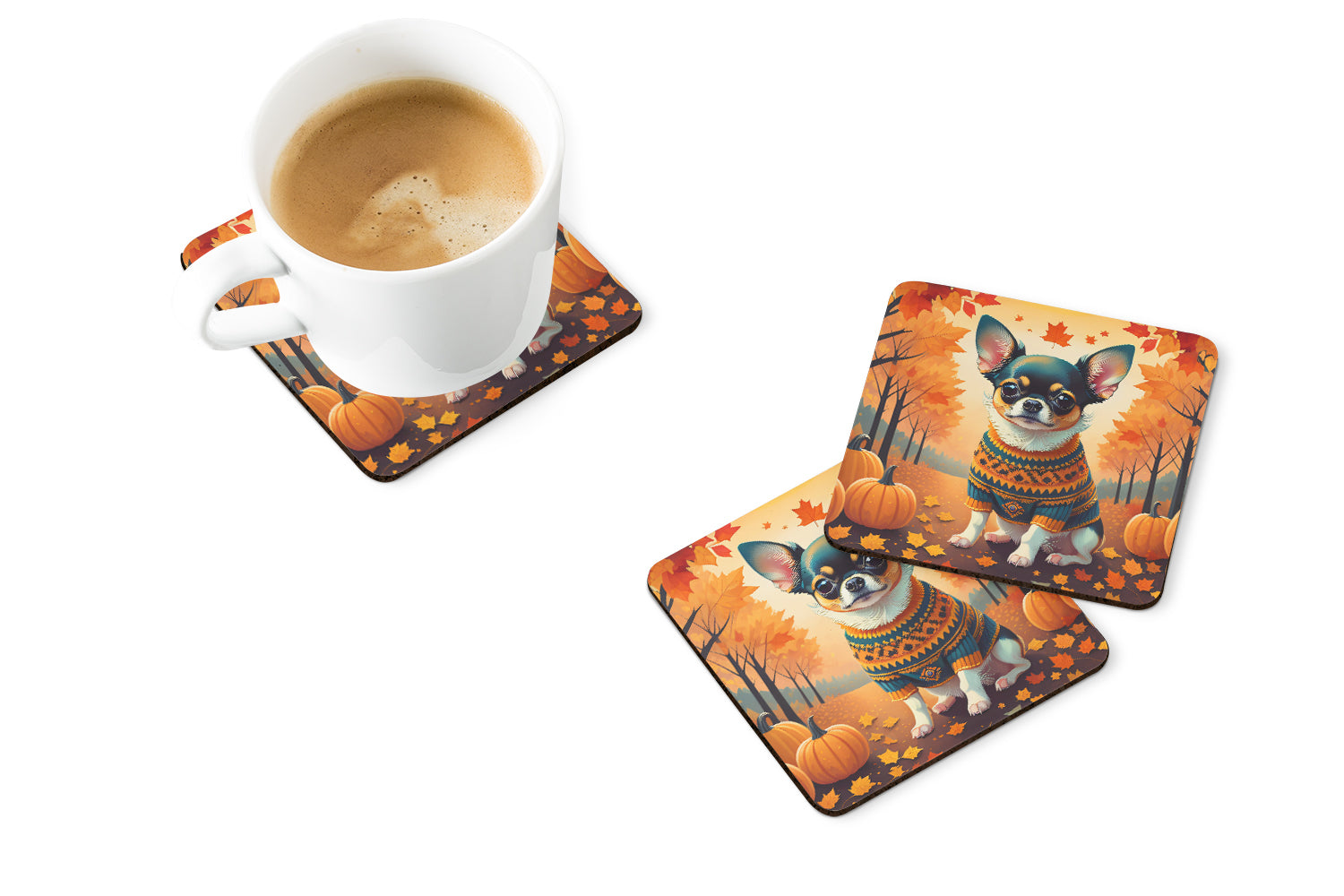 Tricolor Chihuahua Fall Foam Coaster Set of 4