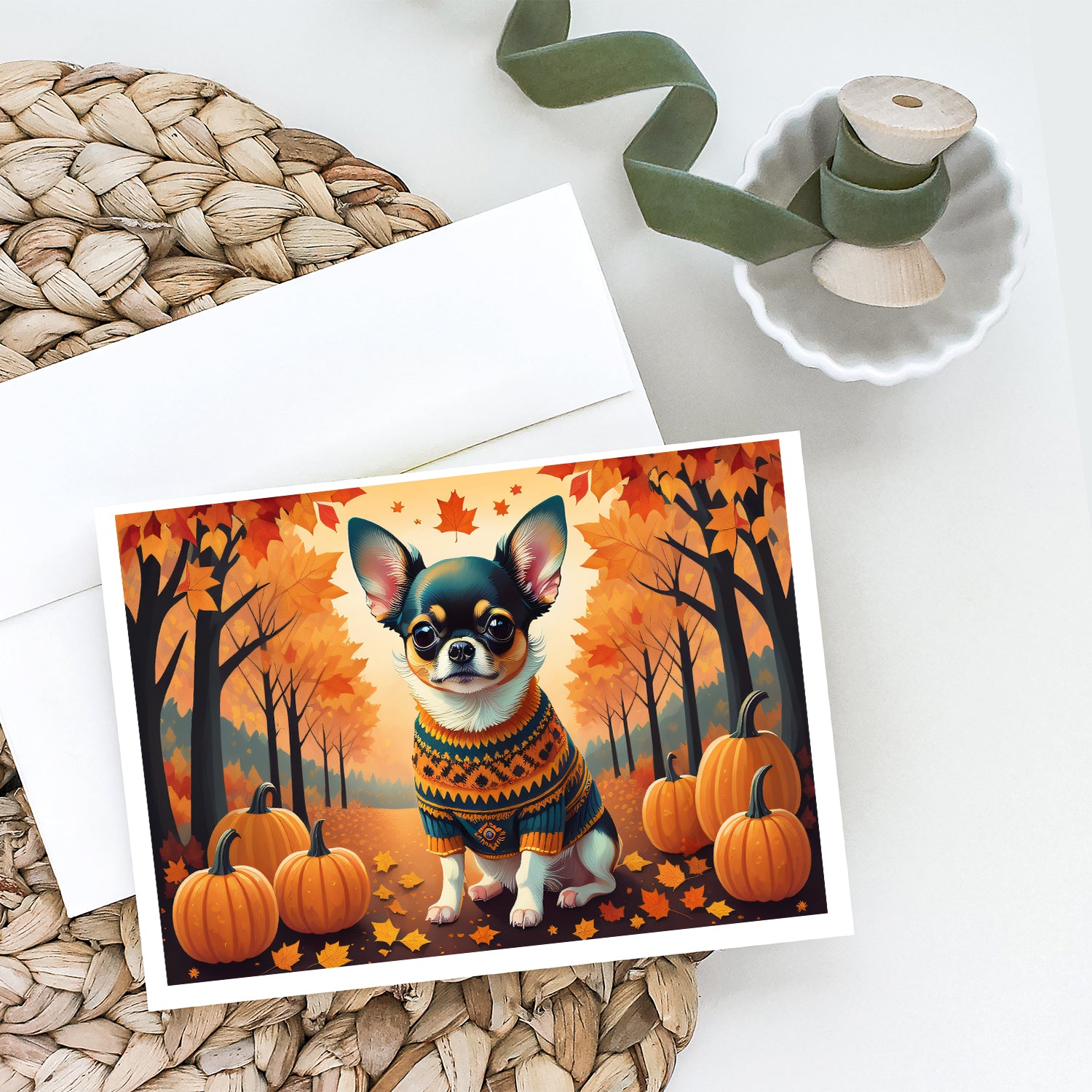 Tricolor Chihuahua Fall Greeting Cards and Envelopes Pack of 8  the-store.com.