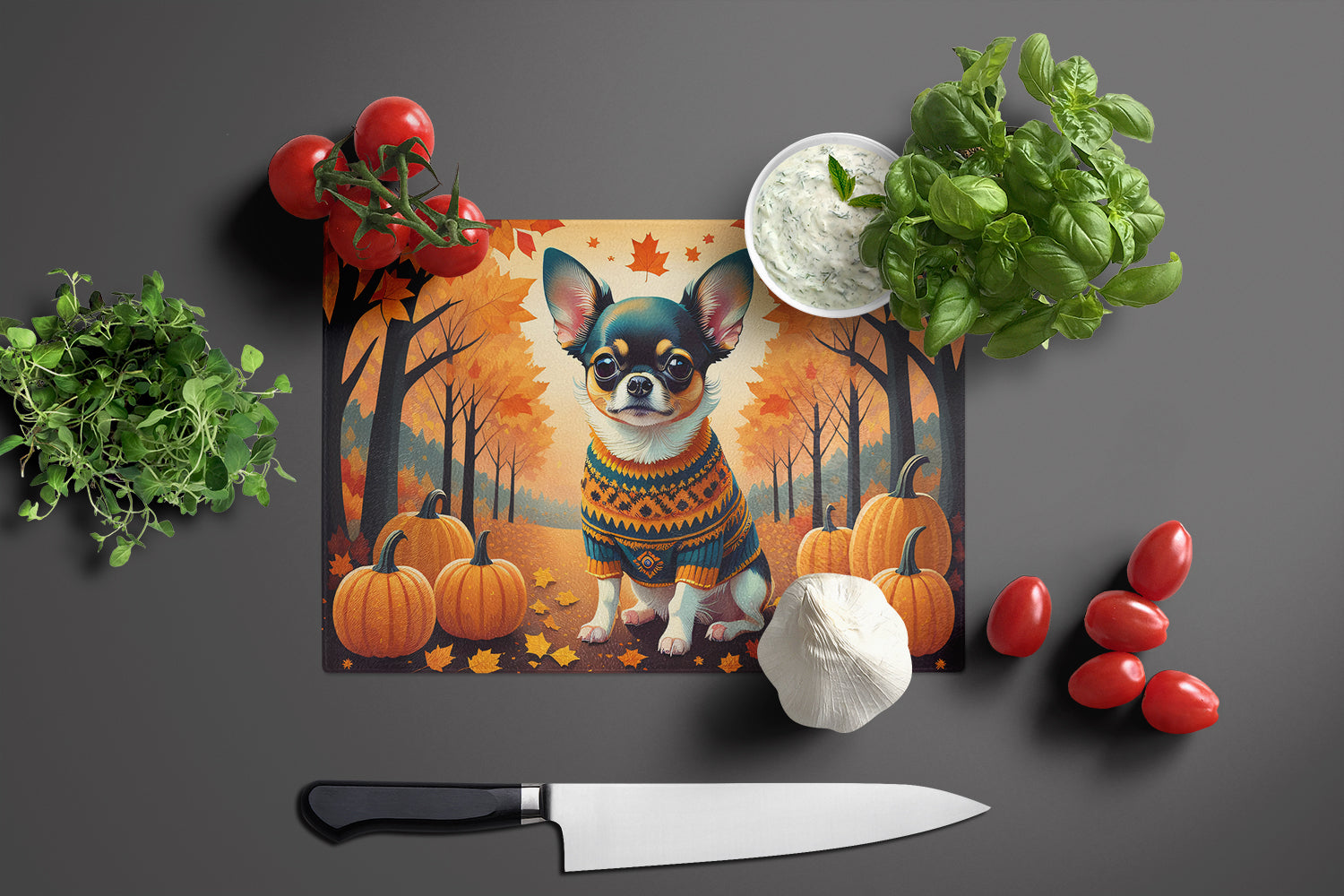 Tricolor Chihuahua Fall Glass Cutting Board Large  the-store.com.