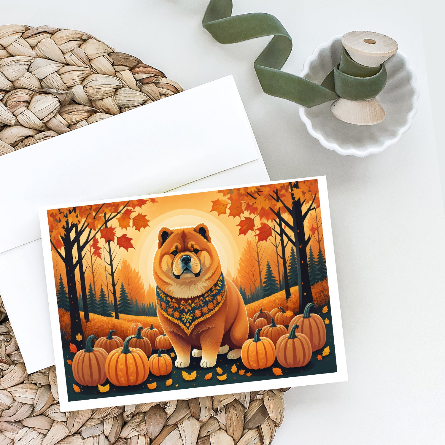 Chow Chow Fall Greeting Cards and Envelopes Pack of 8  the-store.com.