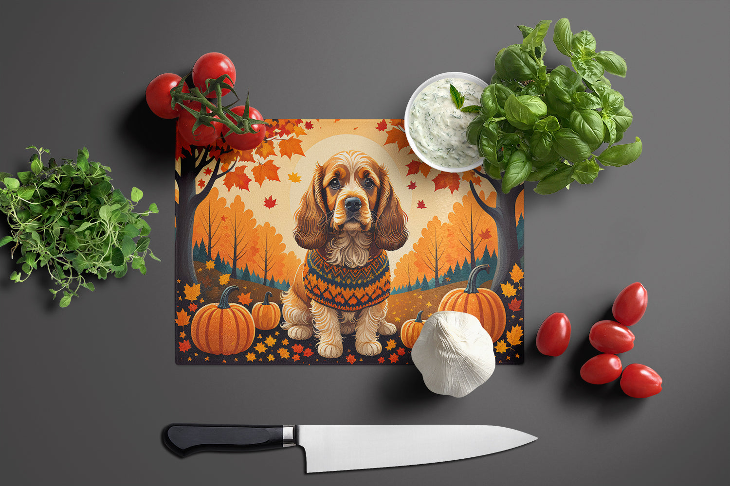 Cocker Spaniel Fall Glass Cutting Board Large