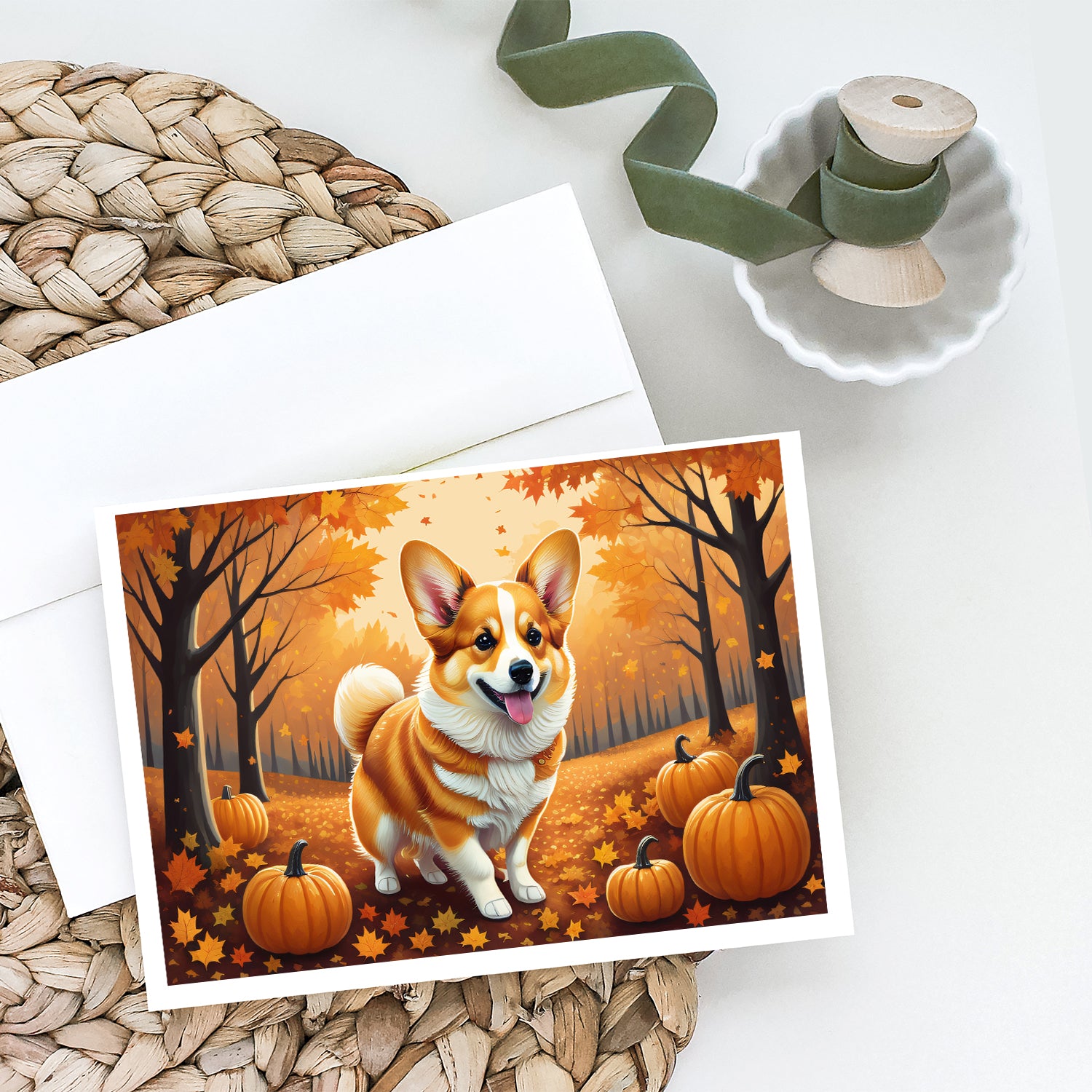 Corgi Fall Greeting Cards and Envelopes Pack of 8  the-store.com.