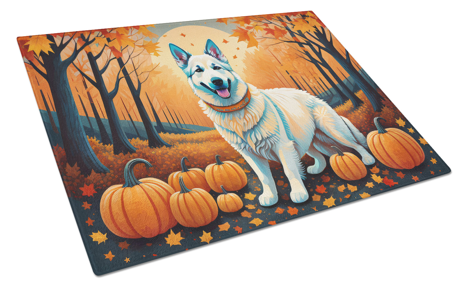 Buy this White German Shepherd Fall Glass Cutting Board Large