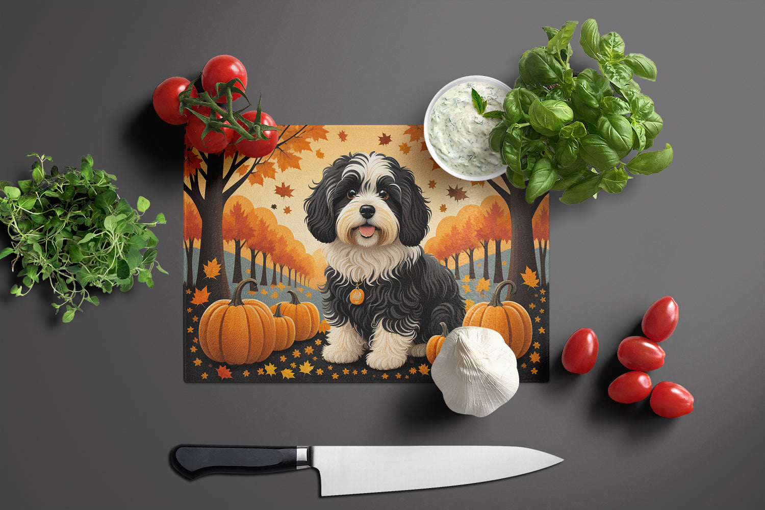 Havanese Fall Glass Cutting Board Large  the-store.com.