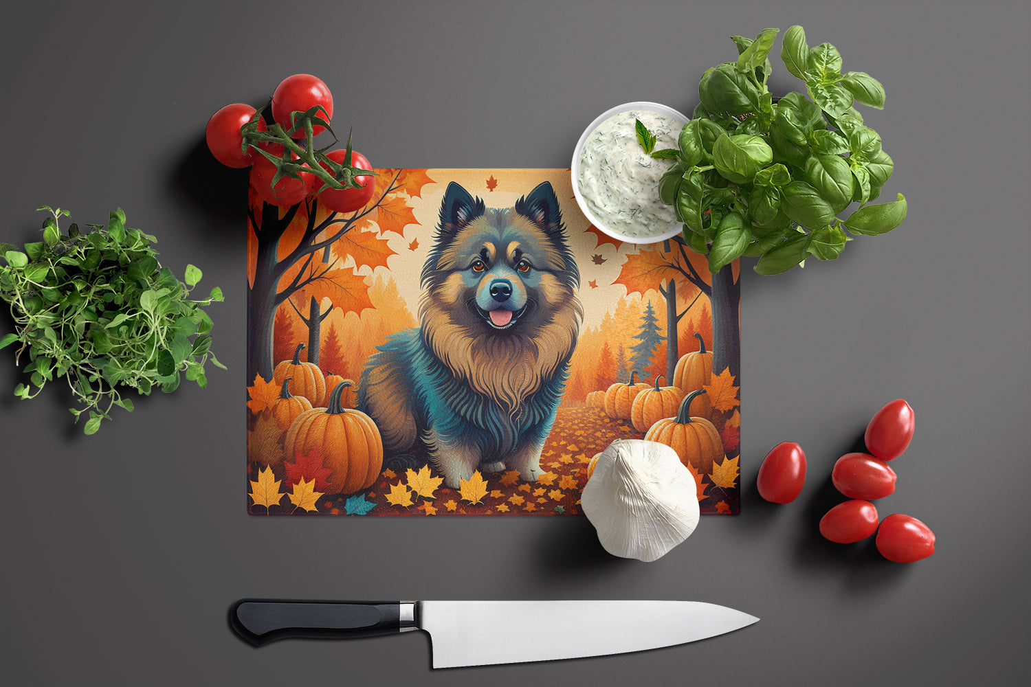 Keeshond Fall Glass Cutting Board Large  the-store.com.