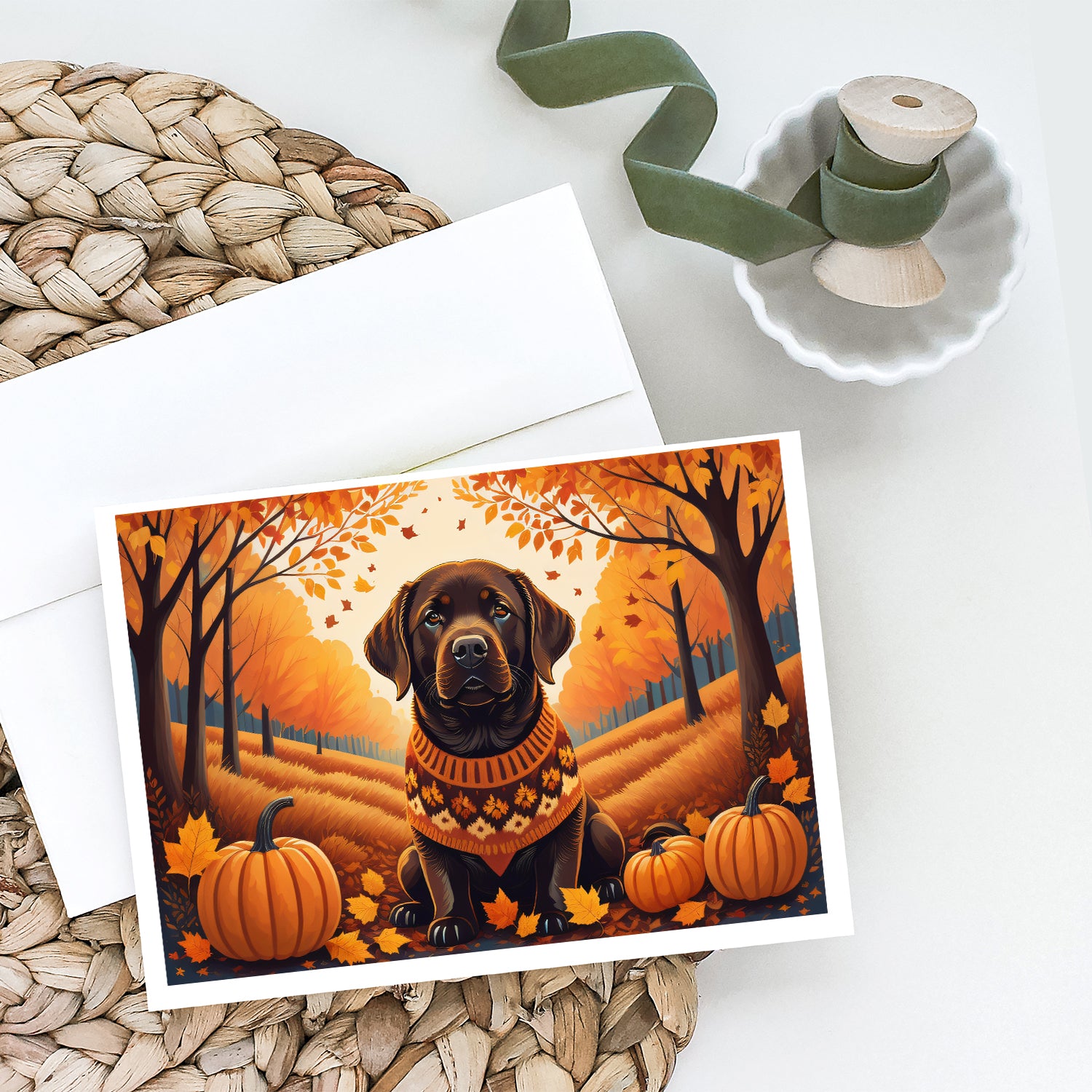 Chocolate Labrador Retriever Fall Greeting Cards and Envelopes Pack of 8  the-store.com.