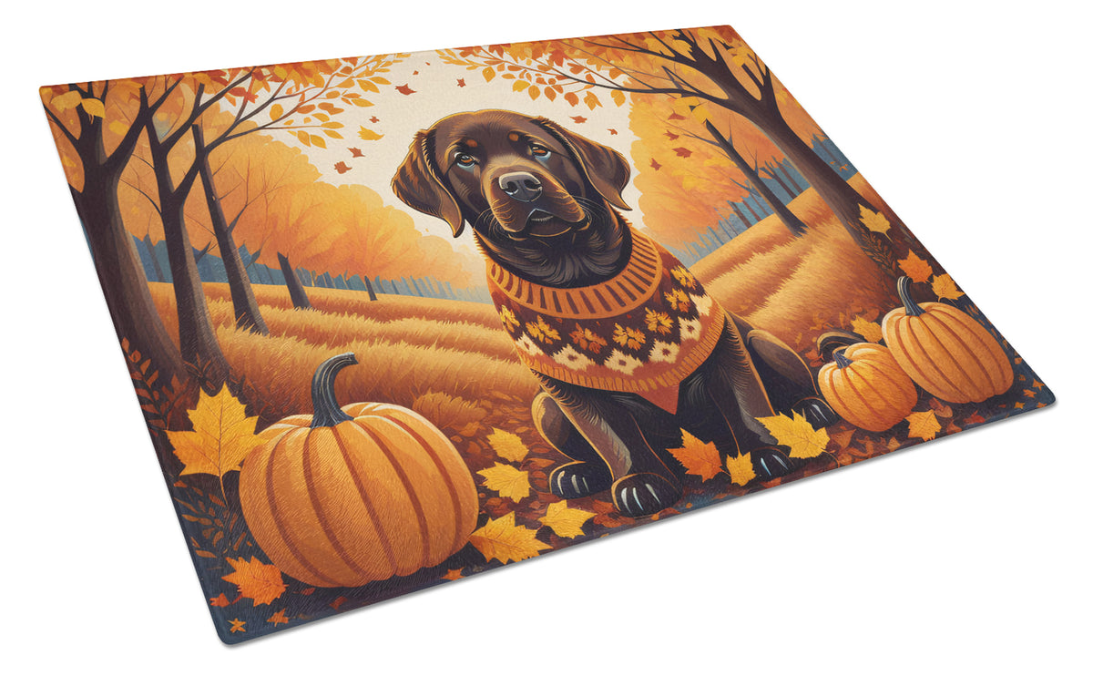 Buy this Chocolate Labrador Retriever Fall Glass Cutting Board Large