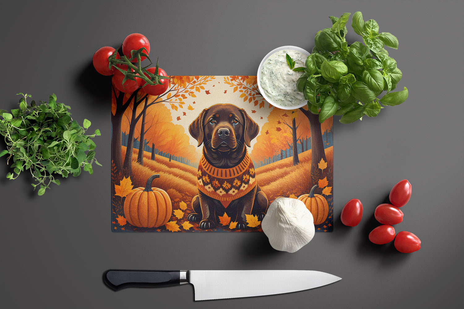 Chocolate Labrador Retriever Fall Glass Cutting Board Large