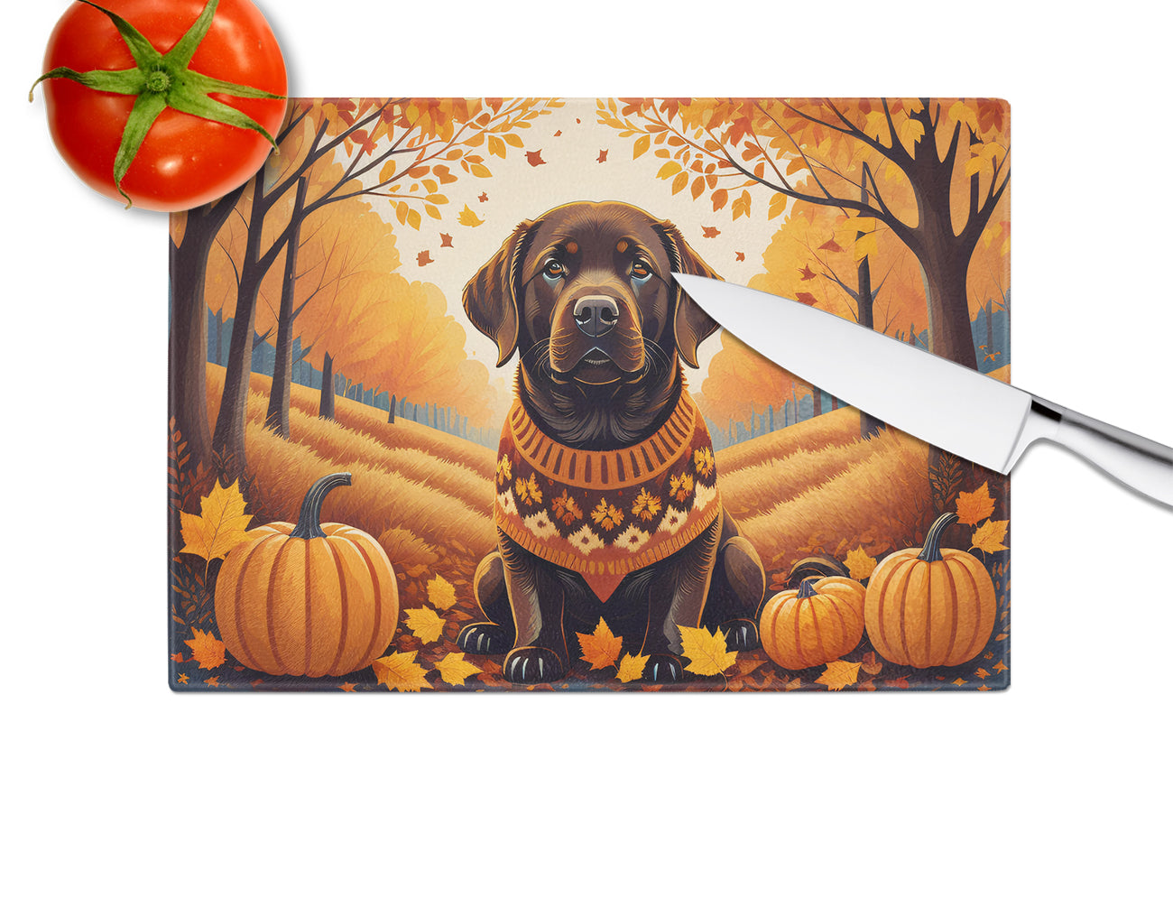 Chocolate Labrador Retriever Fall Glass Cutting Board Large