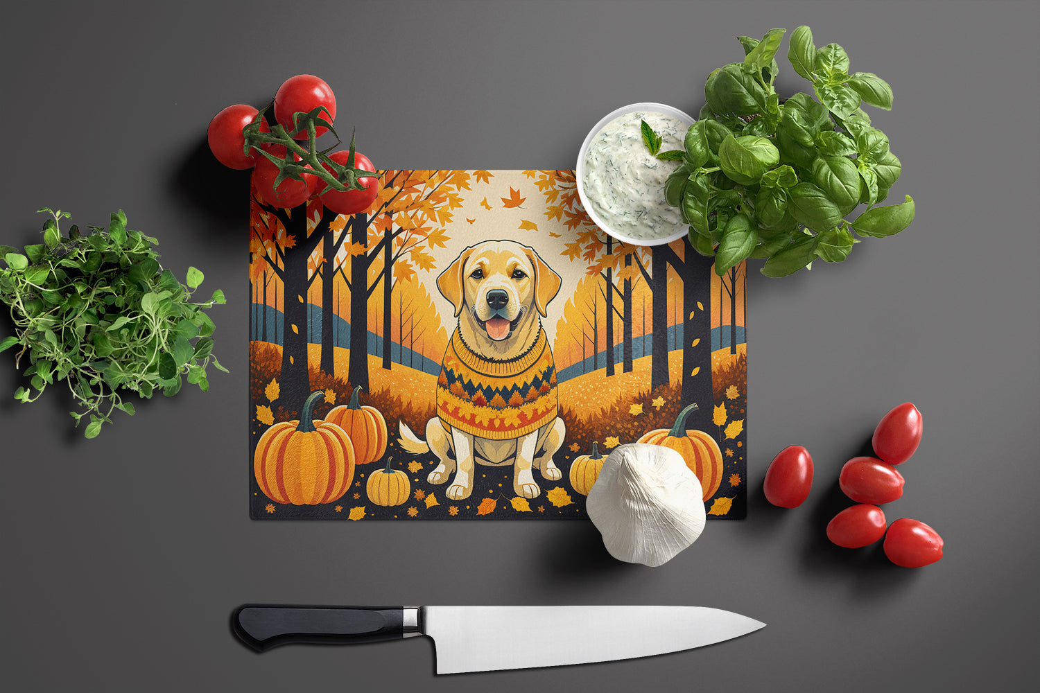 Yellow Labrador Retriever Fall Glass Cutting Board Large