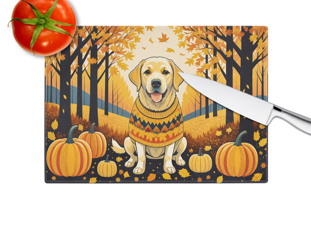 Yellow Labrador Retriever Fall Glass Cutting Board Large