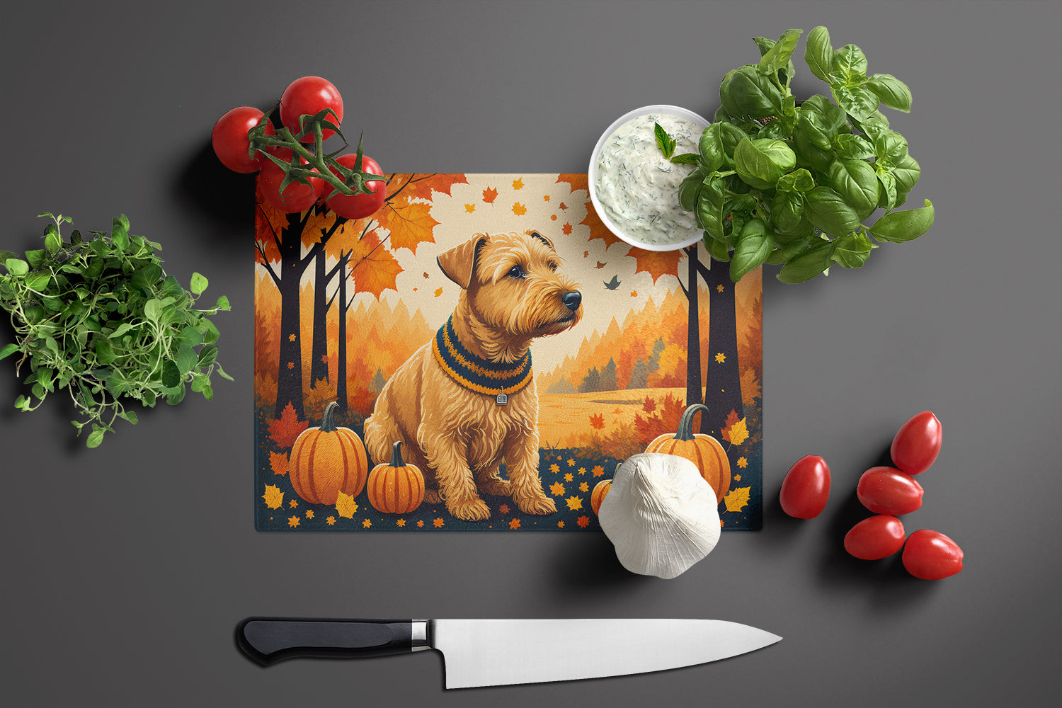 Lakeland Terrier Fall Glass Cutting Board Large  the-store.com.