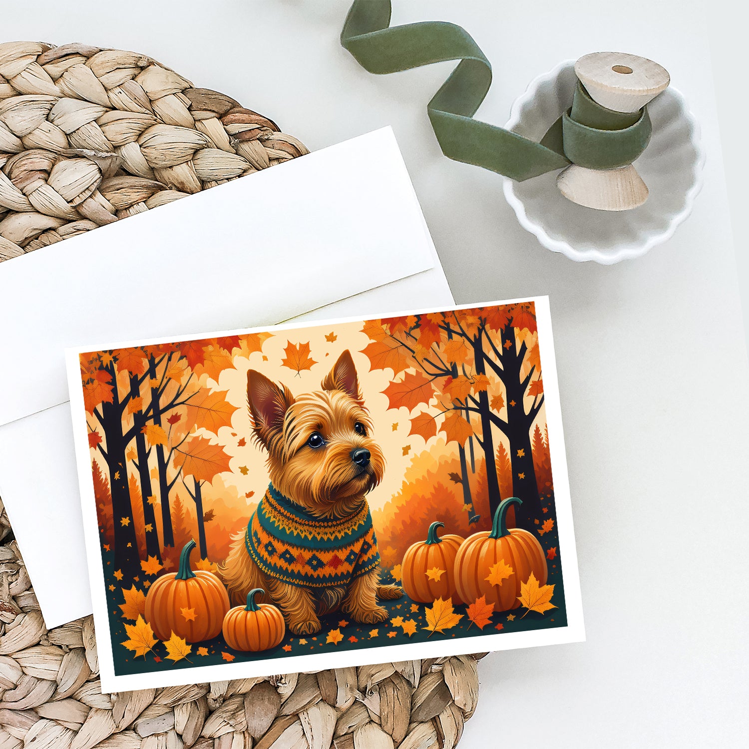 Norwich Terrier Fall Greeting Cards and Envelopes Pack of 8