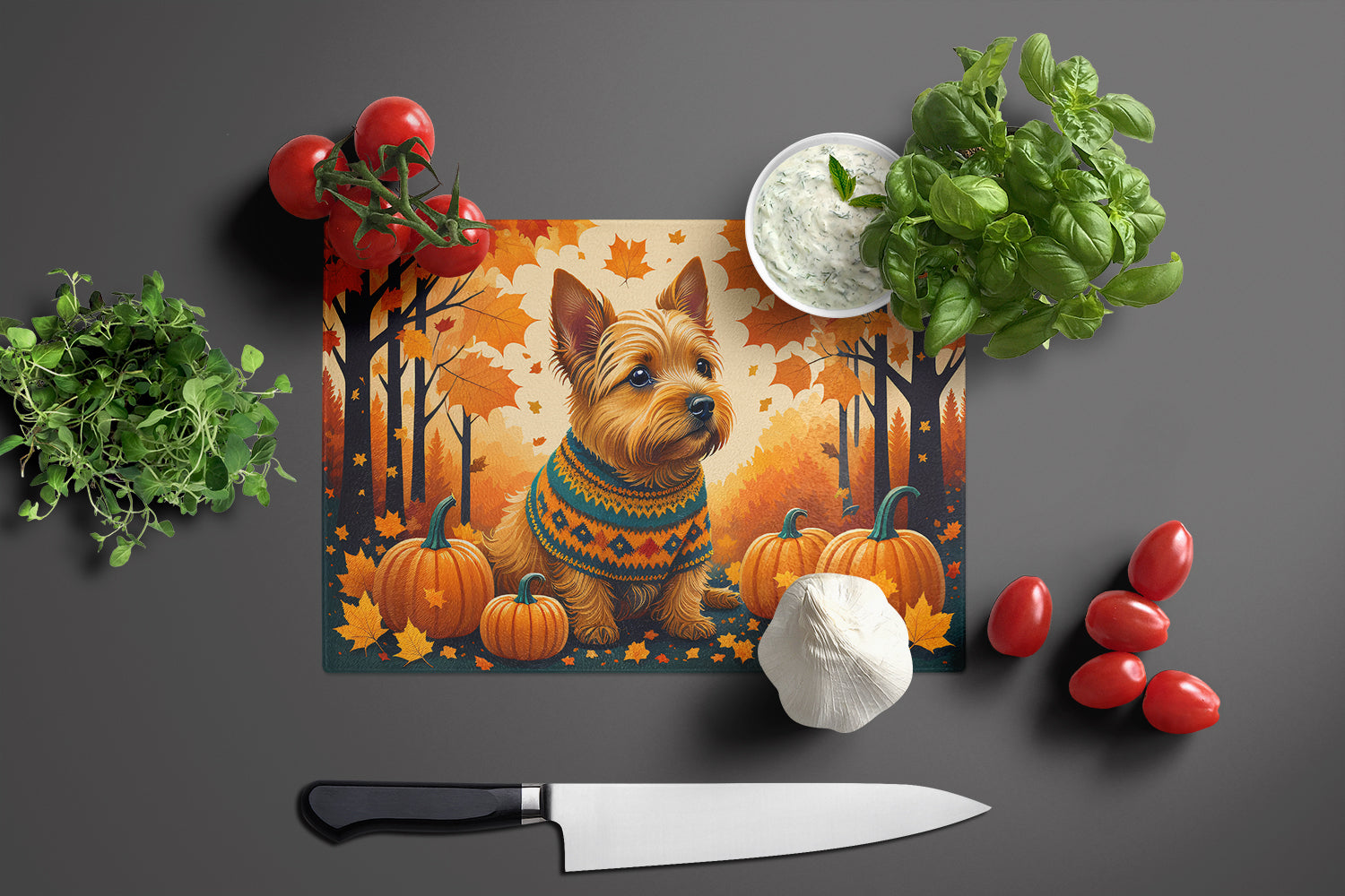 Norwich Terrier Fall Glass Cutting Board Large