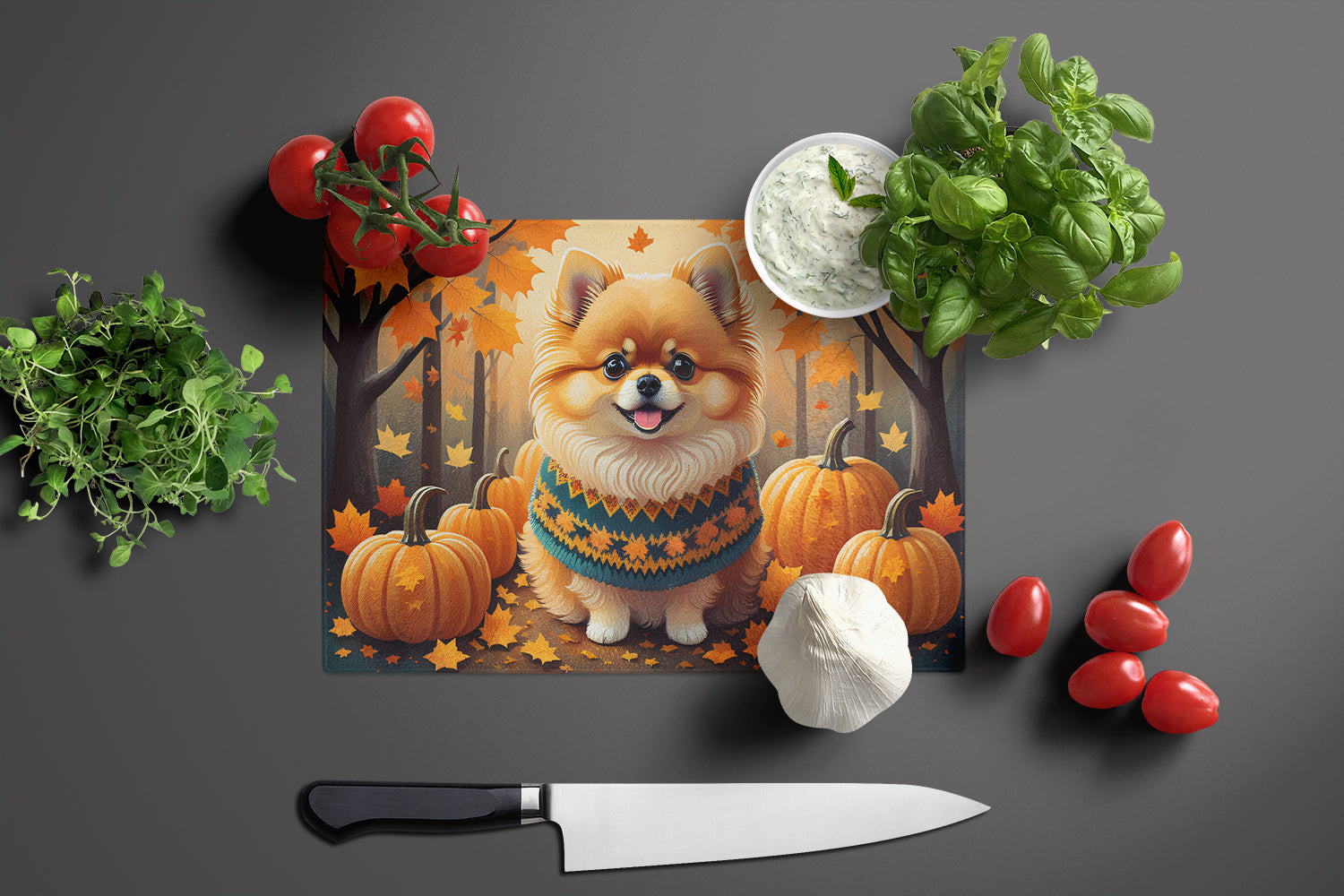 Pomeranian Fall Glass Cutting Board Large