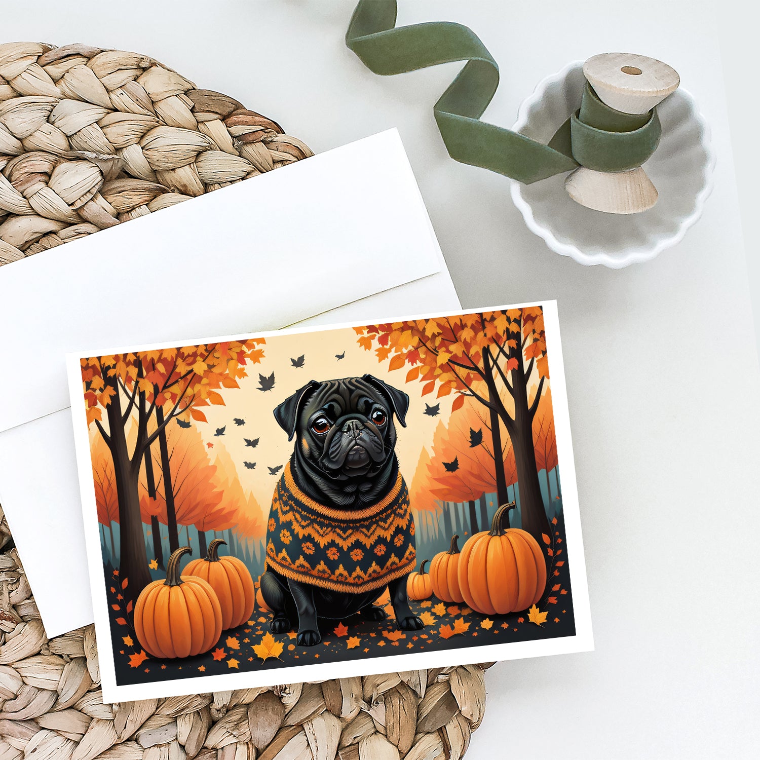 Black Pug Fall Greeting Cards and Envelopes Pack of 8  the-store.com.