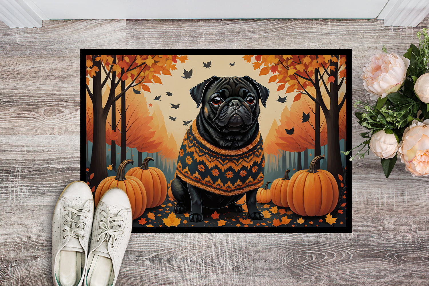 Black Pug Fall Indoor or Outdoor Mat 24x36  the-store.com.