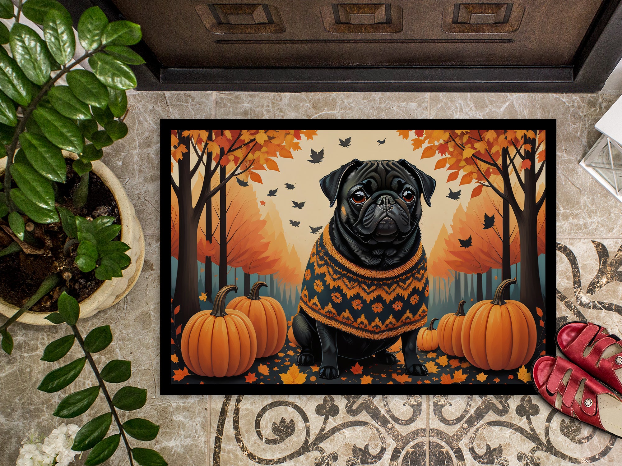 Black Pug Fall Indoor or Outdoor Mat 24x36  the-store.com.