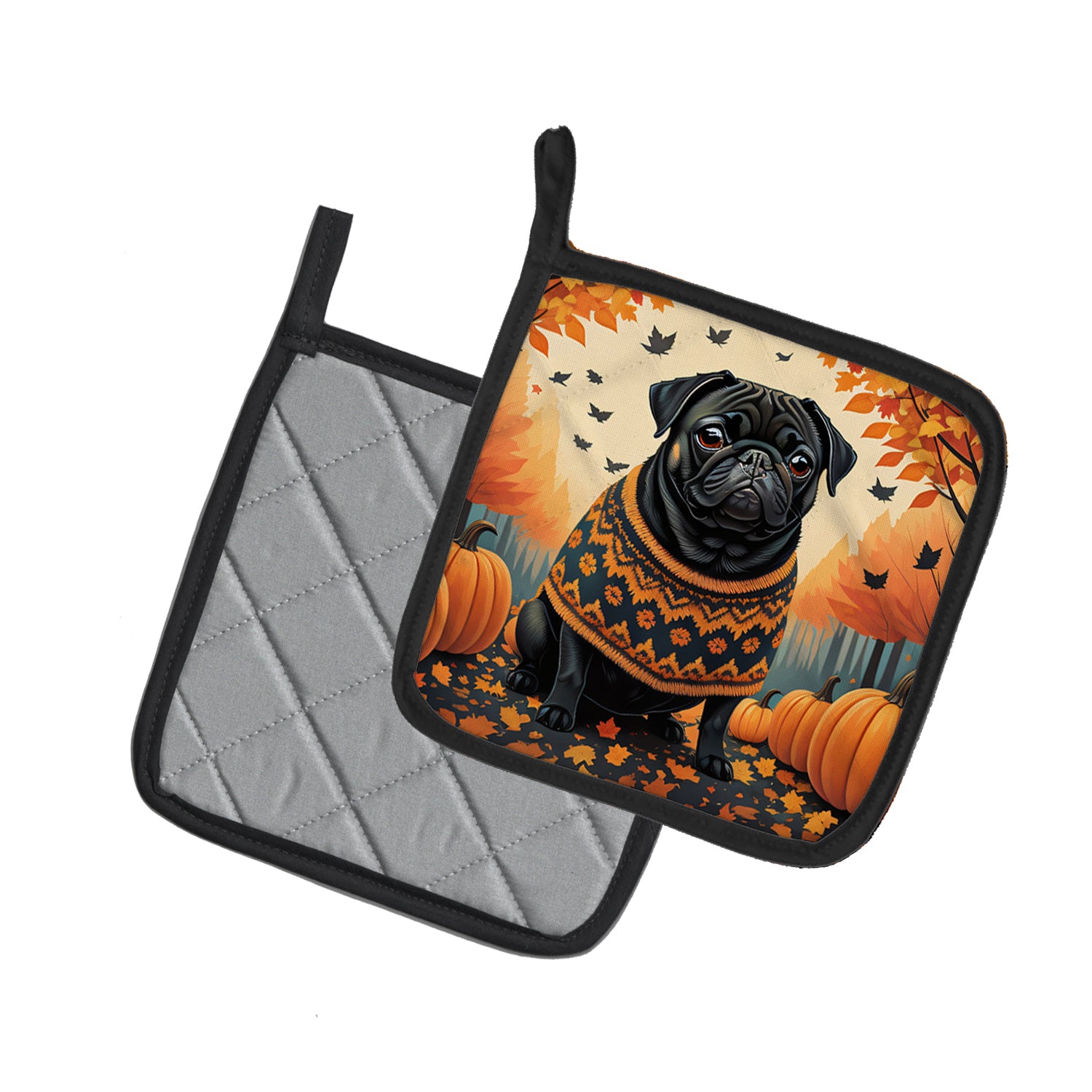 Black Pug Fall Pair of Pot Holders