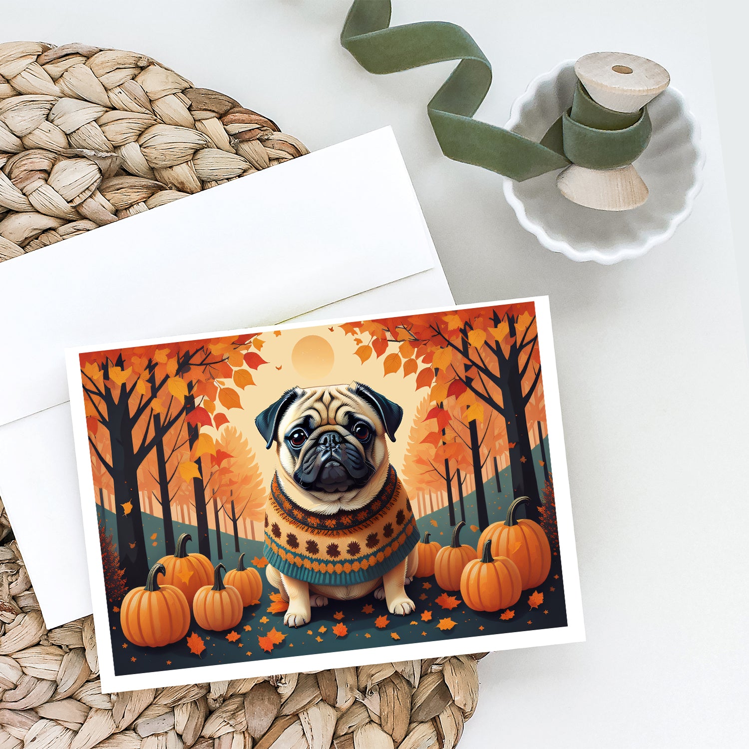 Fawn Pug Fall Greeting Cards and Envelopes Pack of 8  the-store.com.