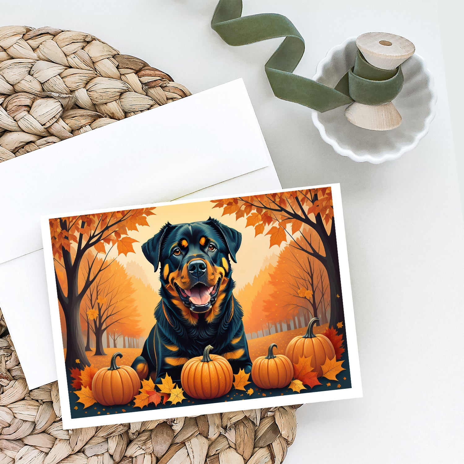 Rottweiler Fall Greeting Cards and Envelopes Pack of 8  the-store.com.