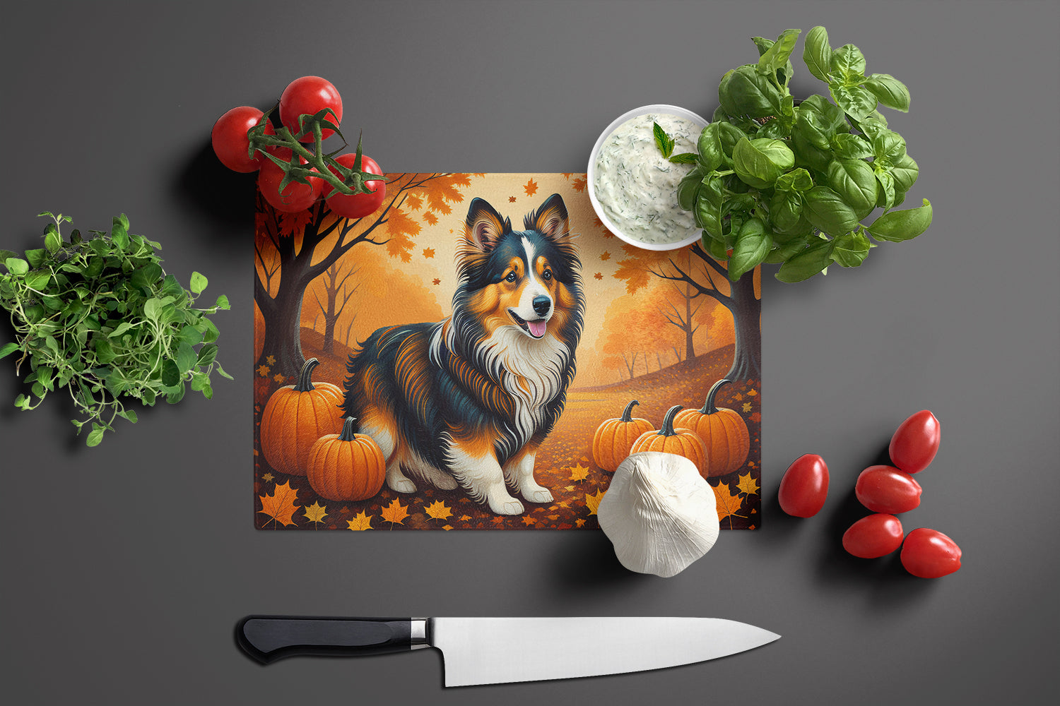 Sheltie Fall Glass Cutting Board Large