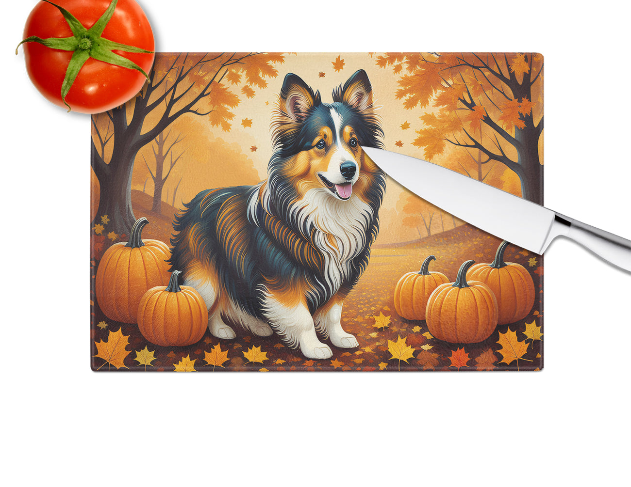 Sheltie Fall Glass Cutting Board Large