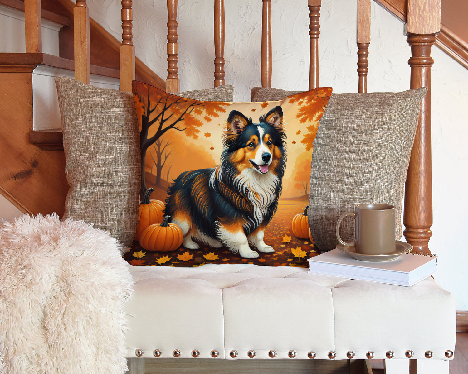 Sheltie Fall Fabric Decorative Pillow