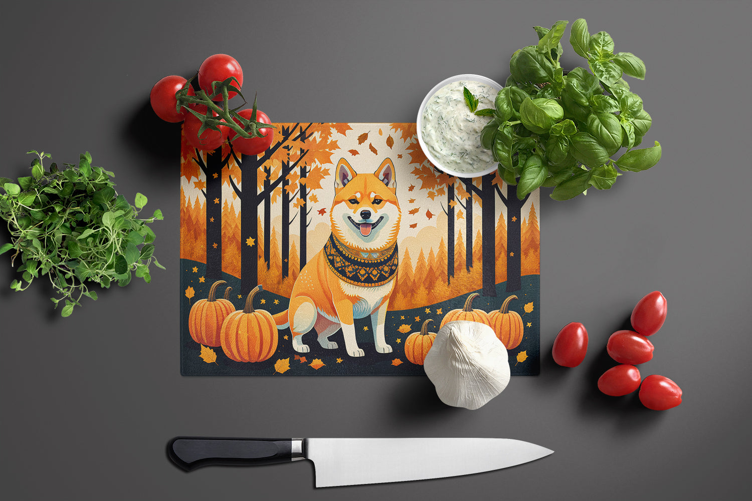 Shiba Inu Fall Glass Cutting Board Large