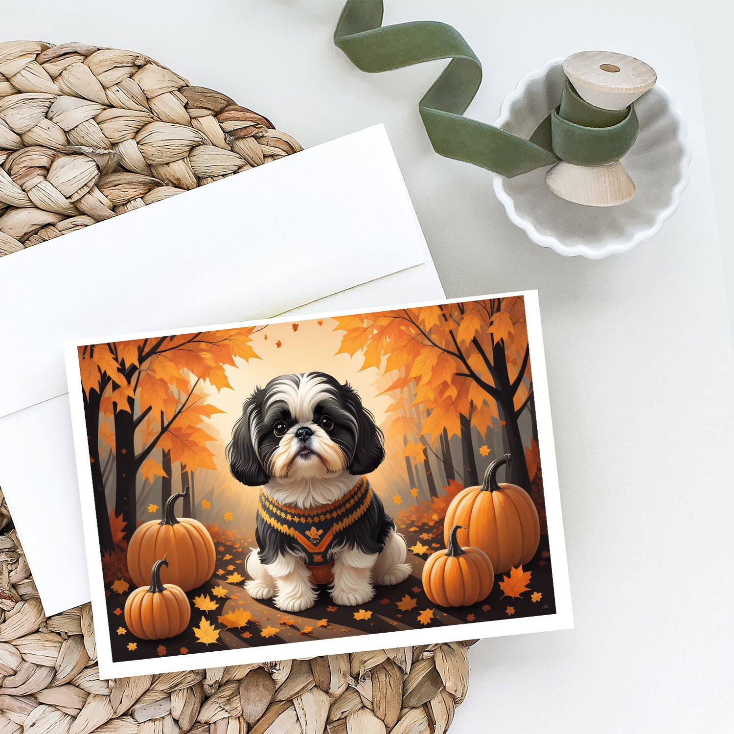 Shih Tzu Fall Greeting Cards and Envelopes Pack of 8