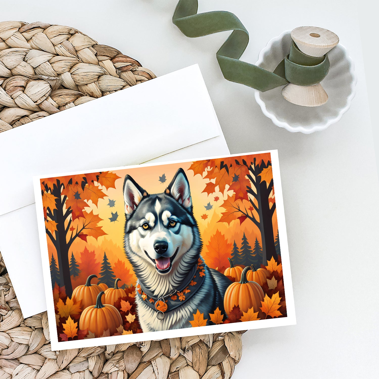 Siberian Husky Fall Greeting Cards and Envelopes Pack of 8  the-store.com.