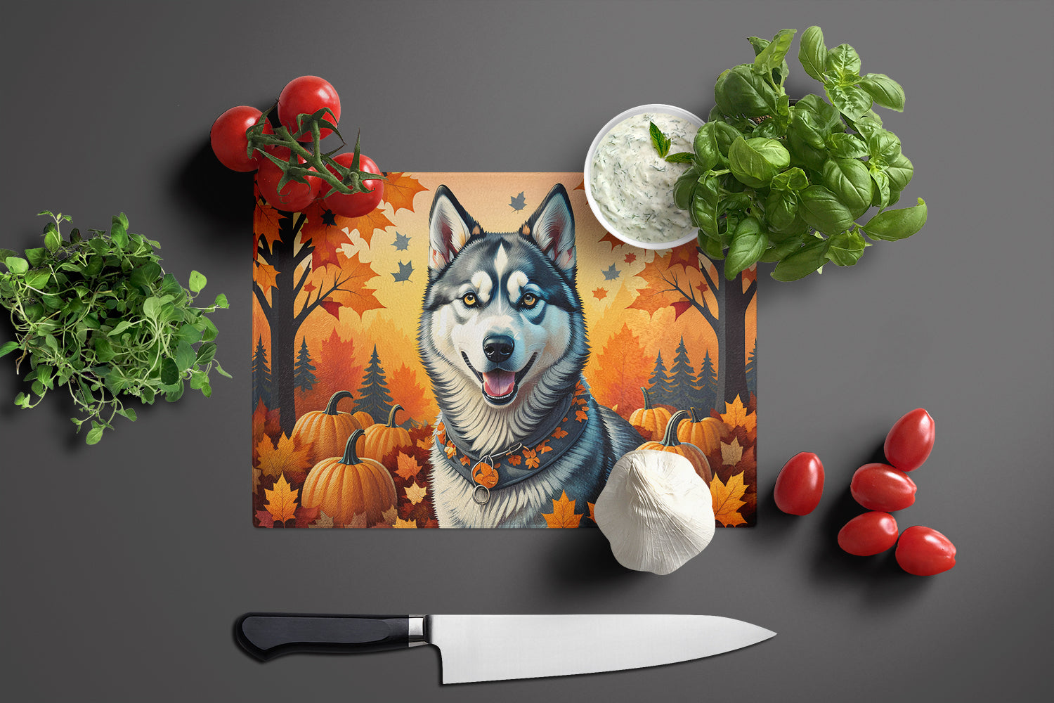 Siberian Husky Fall Glass Cutting Board Large  the-store.com.