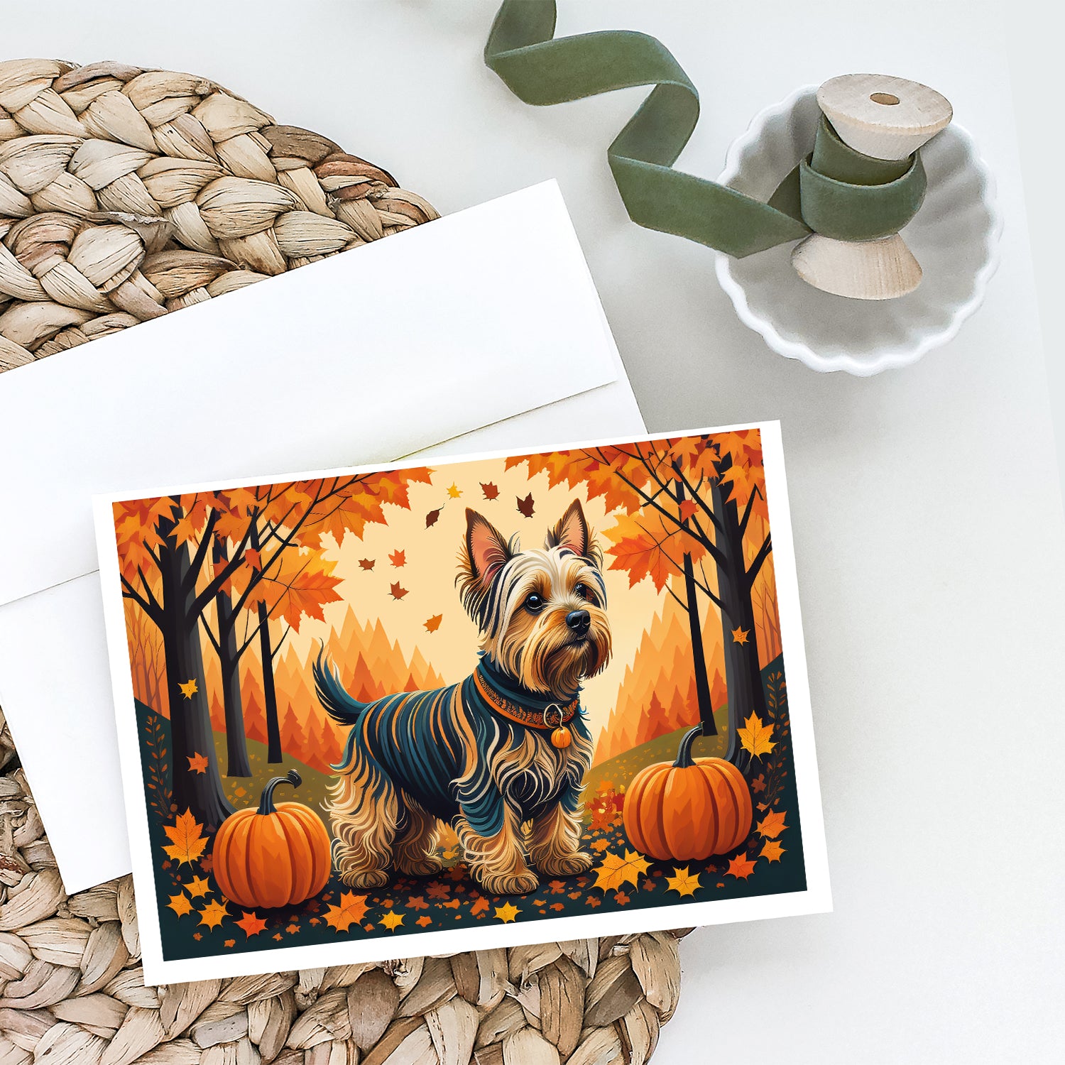 Silky Terrier Fall Greeting Cards and Envelopes Pack of 8  the-store.com.