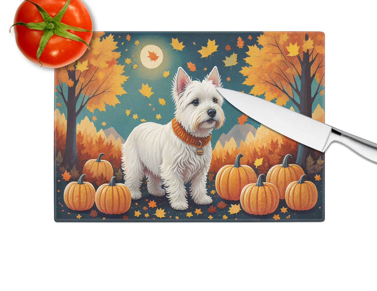Westie Fall Glass Cutting Board Large  the-store.com.