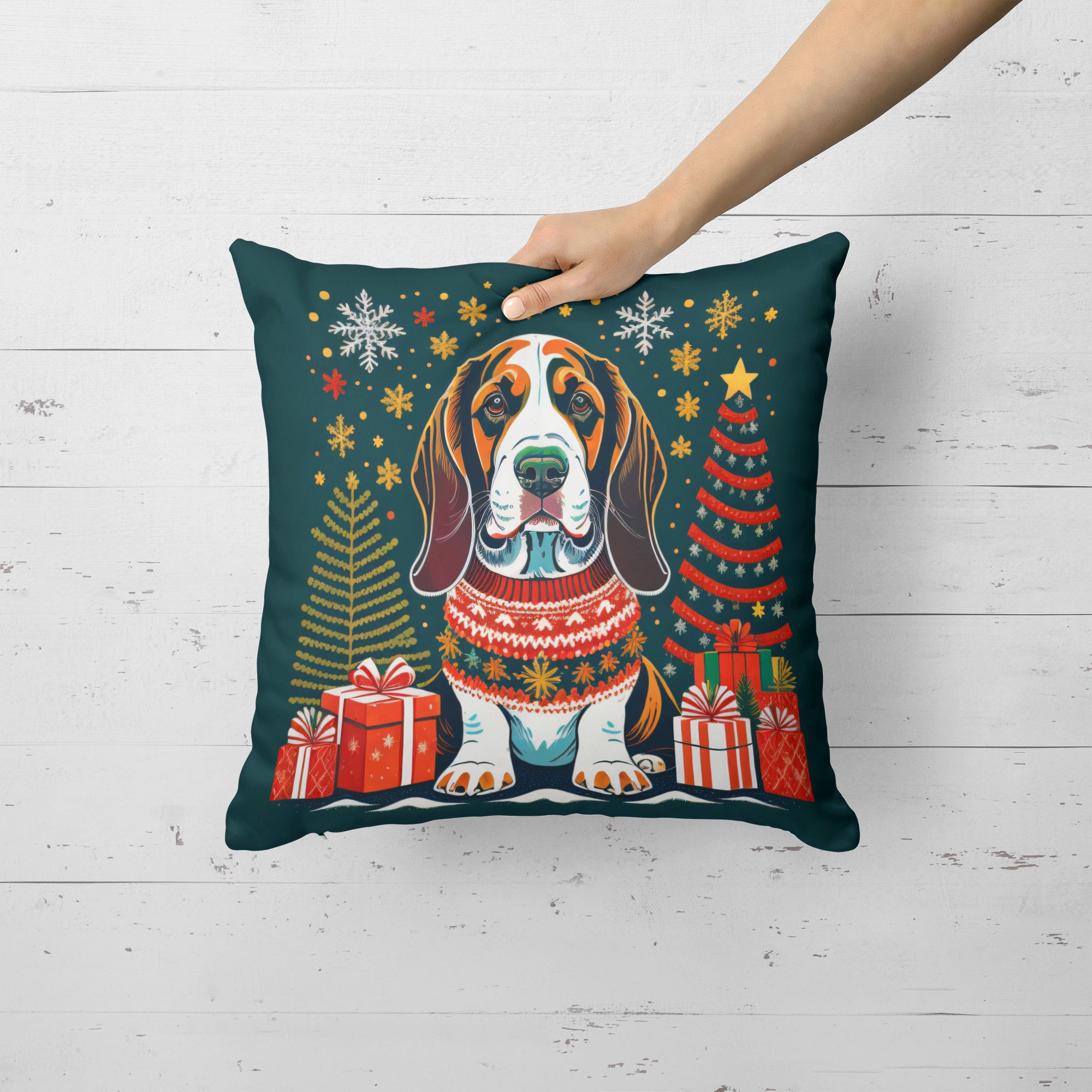 Buy this Basset Hound Christmas Fabric Decorative Pillow