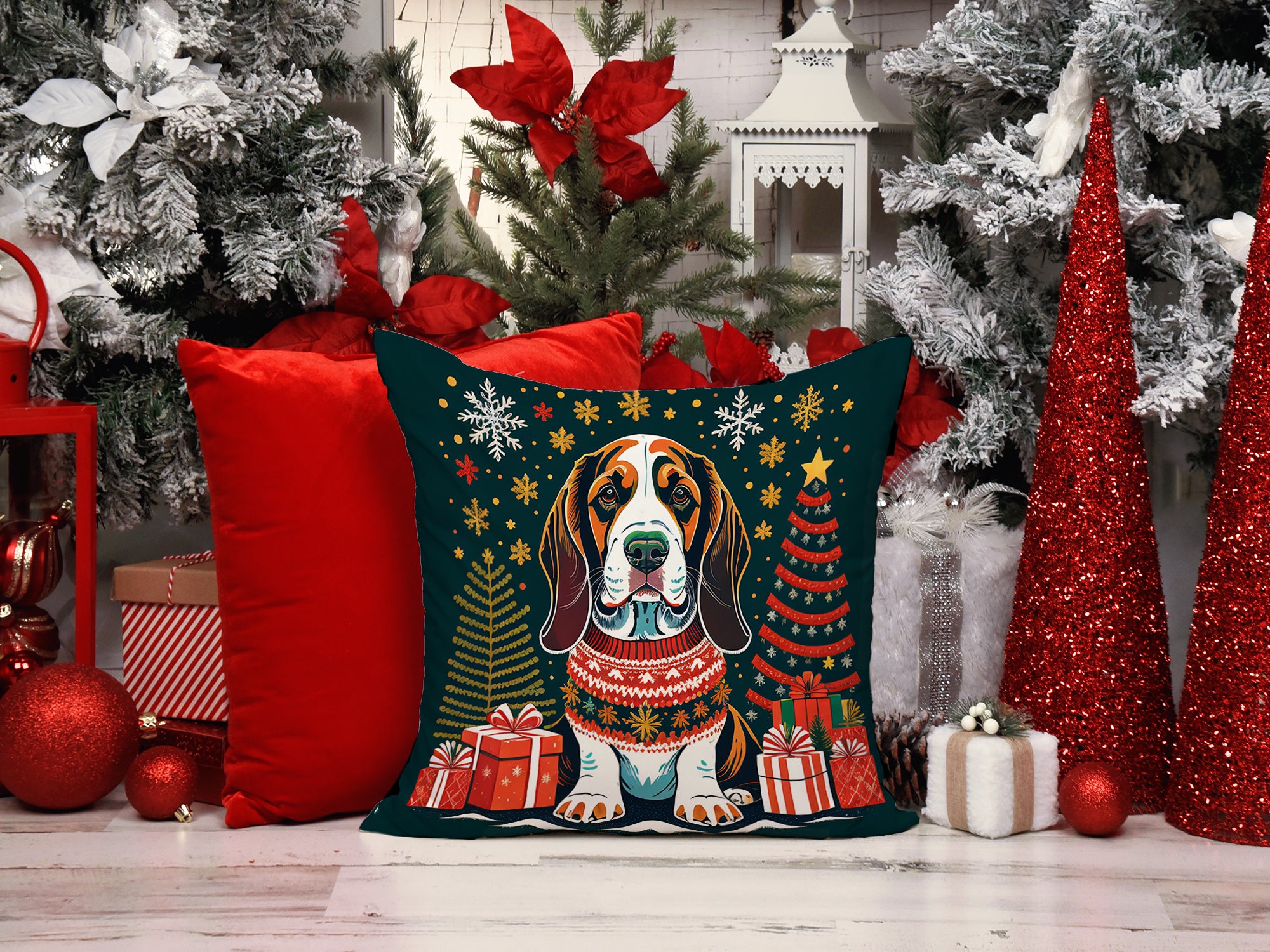 Buy this Basset Hound Christmas Fabric Decorative Pillow