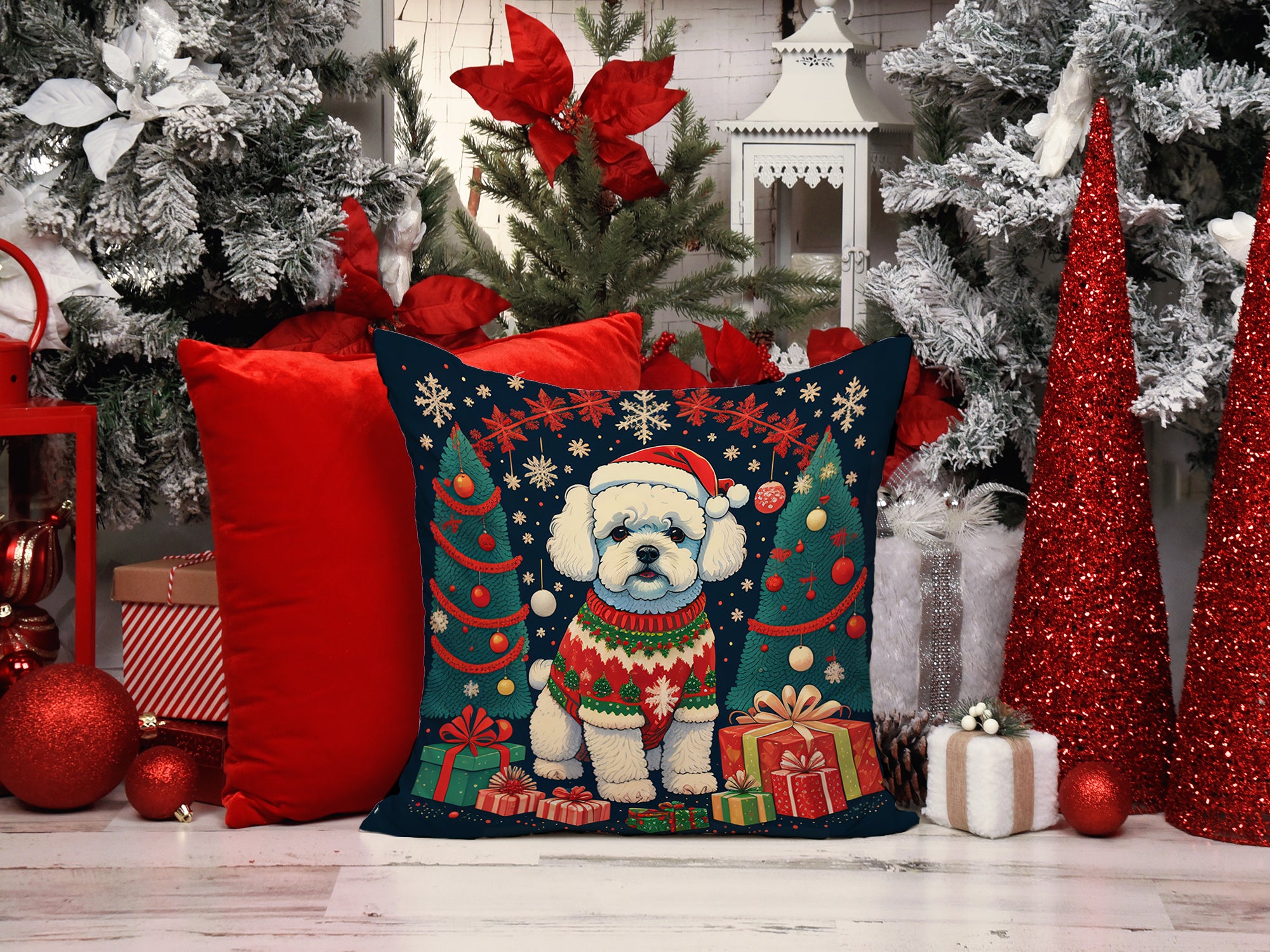 Bichon Frise Christmas Fabric Decorative Pillow