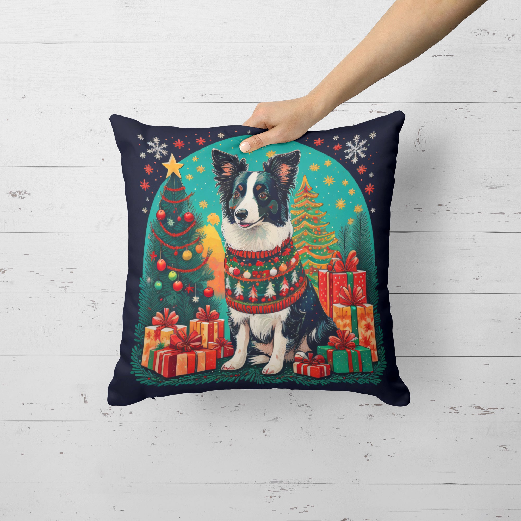 Border Collie Christmas Fabric Decorative Pillow  the-store.com.