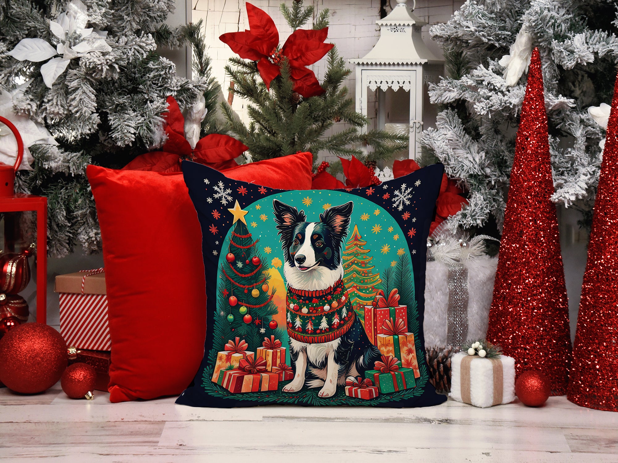 Border Collie Christmas Fabric Decorative Pillow  the-store.com.