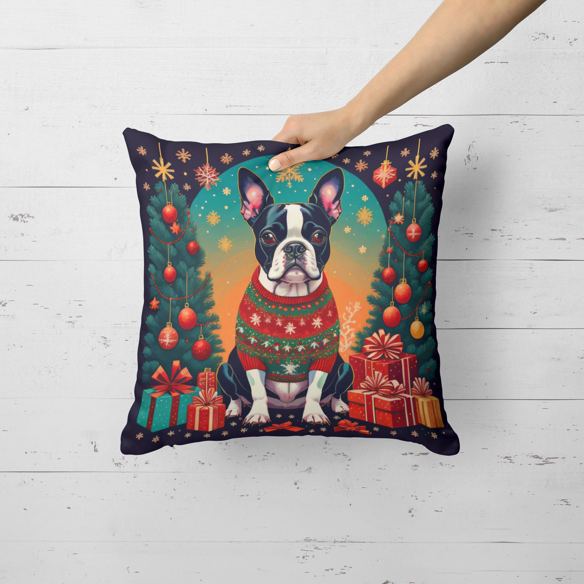 Boston Terrier Christmas Fabric Decorative Pillow