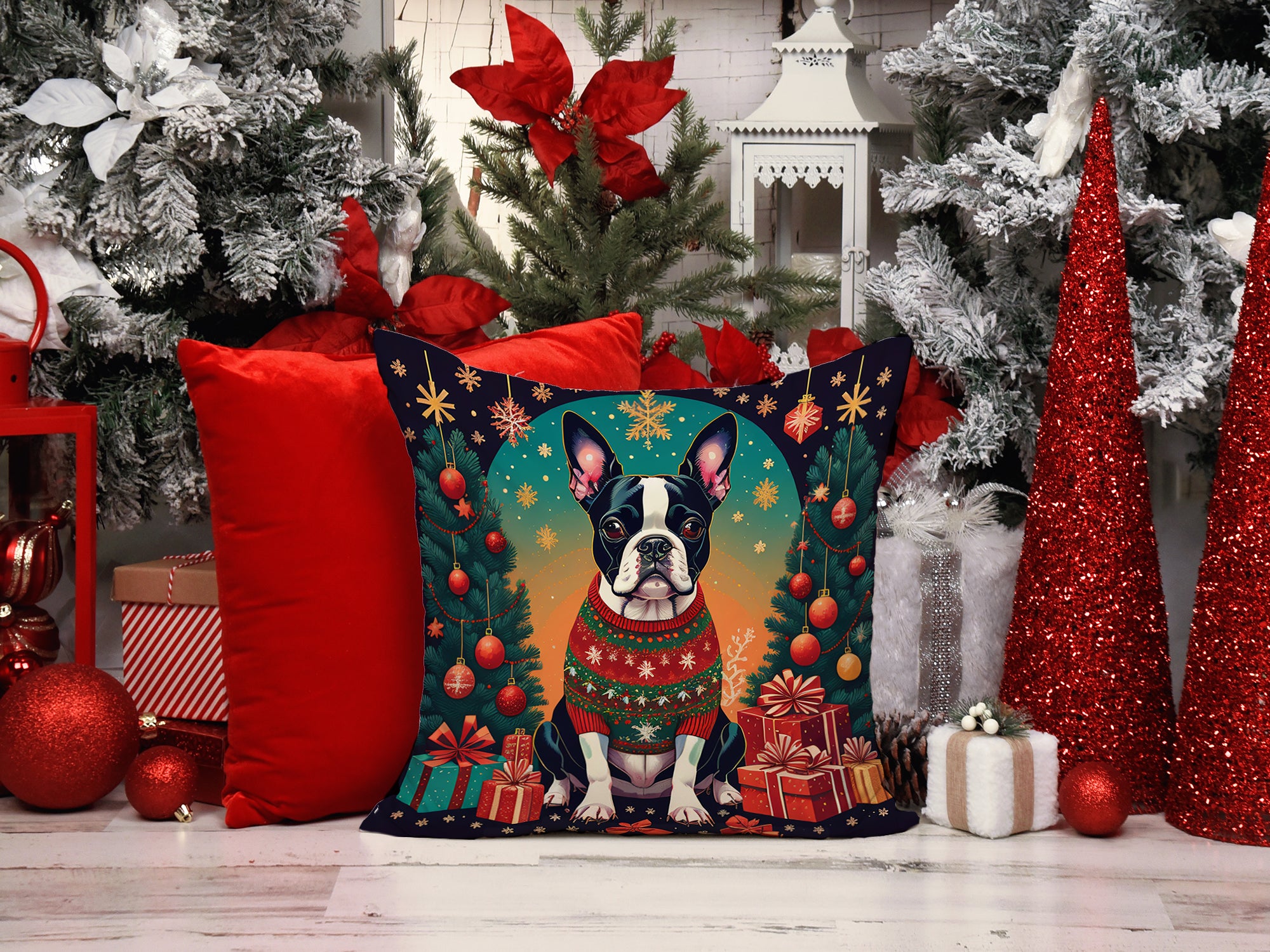 Boston Terrier Christmas Fabric Decorative Pillow  the-store.com.