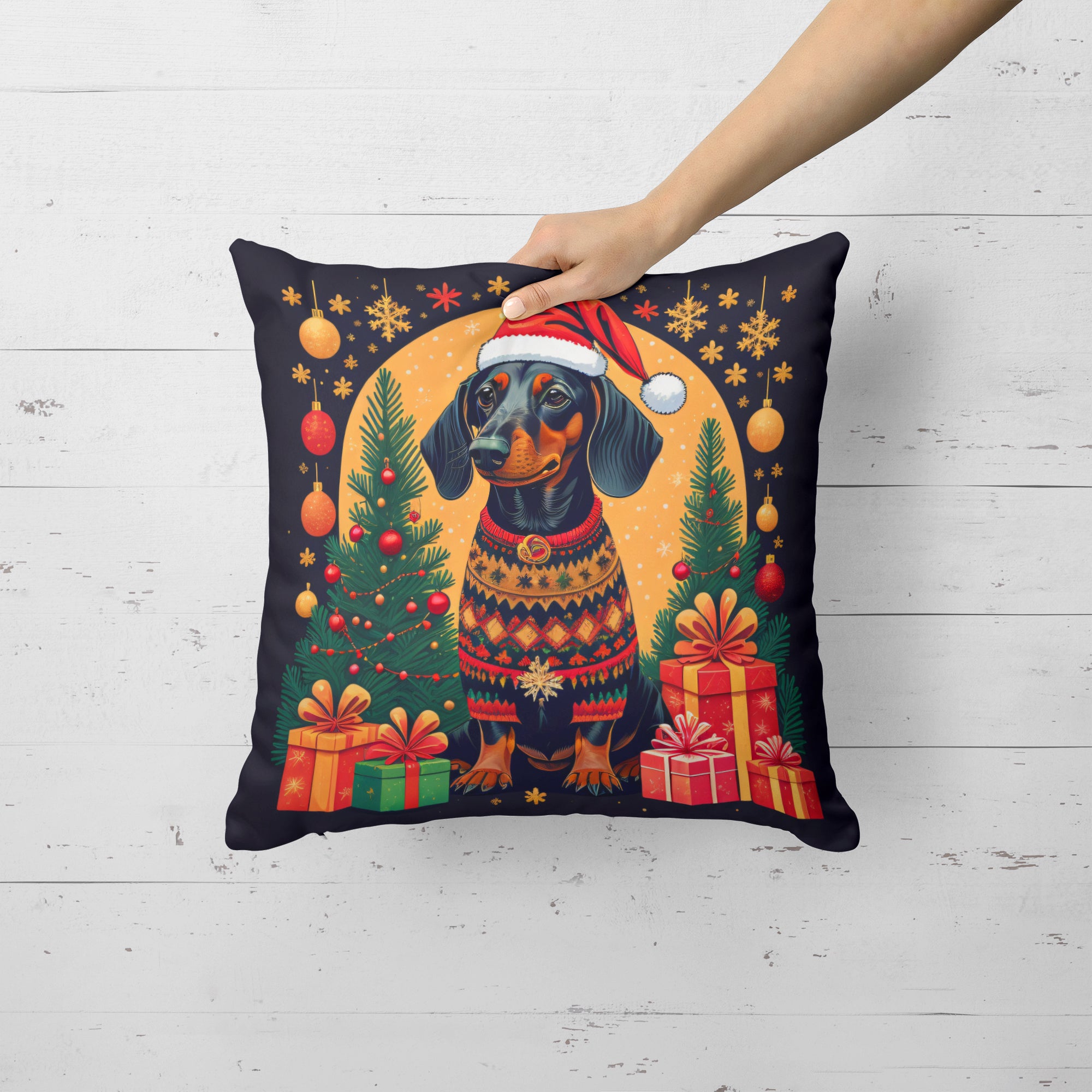 Buy this Black and Tan Dachshund Christmas Fabric Decorative Pillow