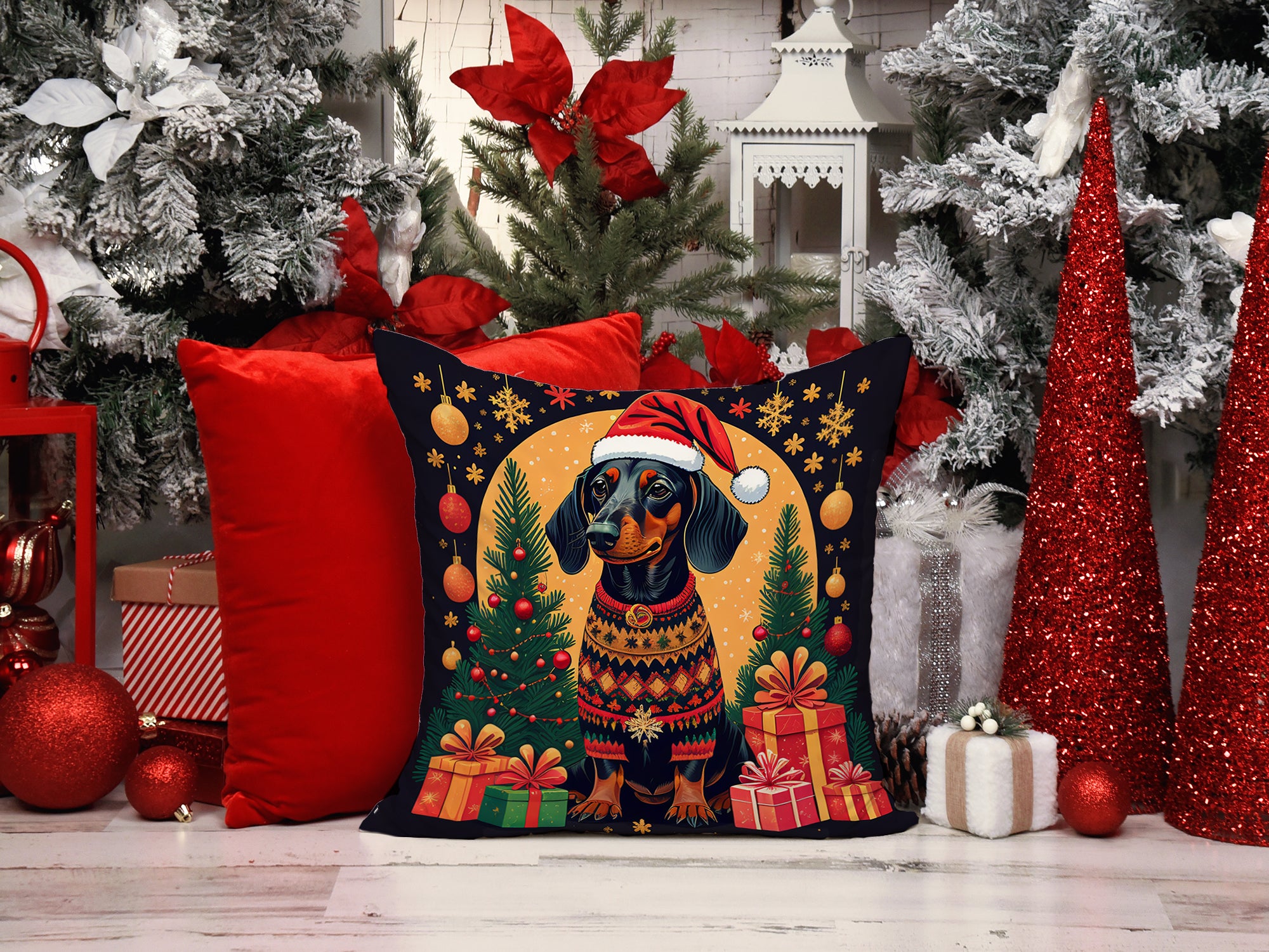 Black and Tan Dachshund Christmas Fabric Decorative Pillow  the-store.com.