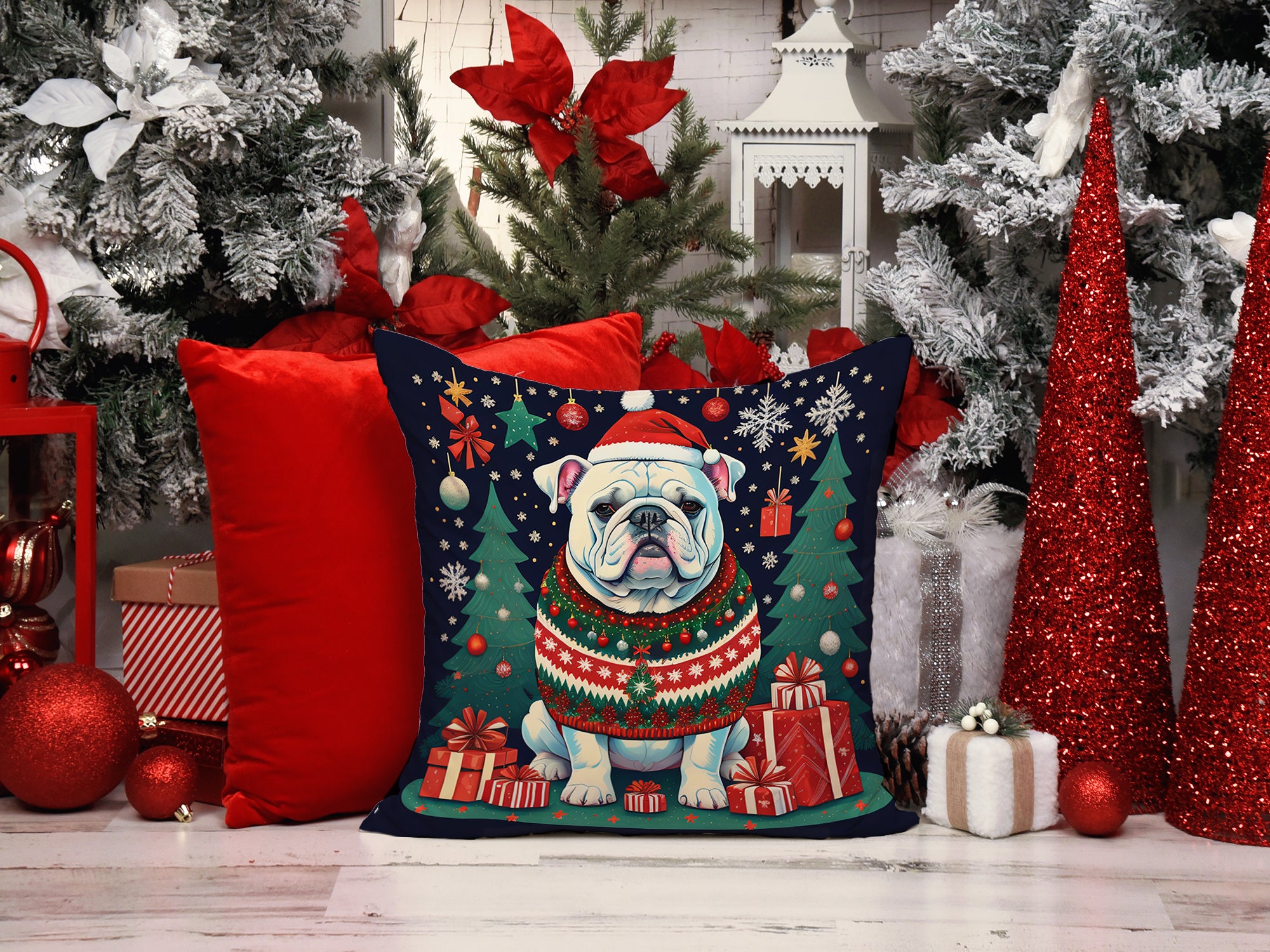 White English Bulldog Christmas Fabric Decorative Pillow