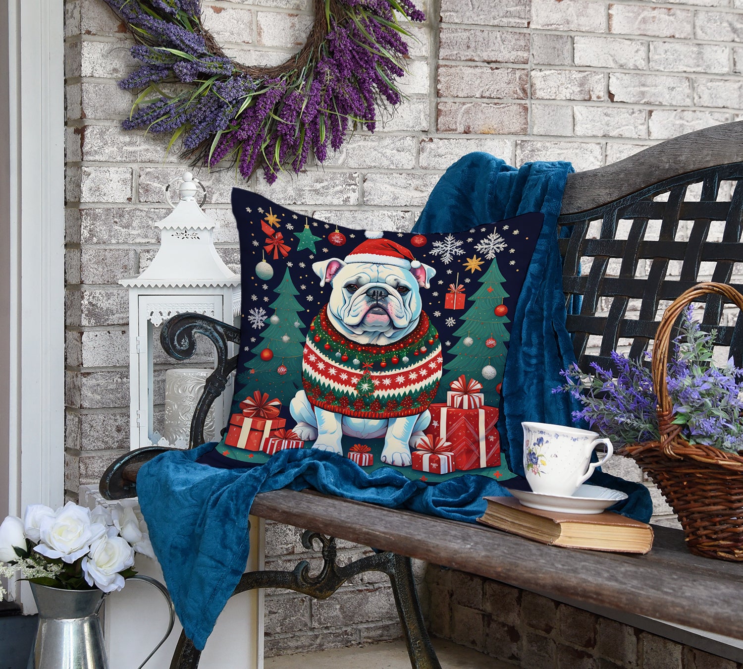 White English Bulldog Christmas Fabric Decorative Pillow  the-store.com.