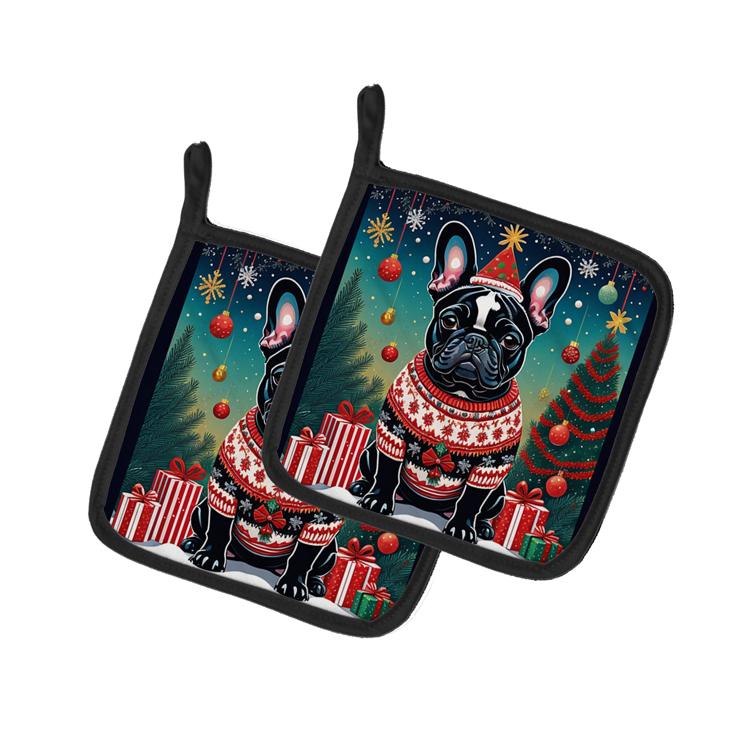 Buy this Black French Bulldog Christmas Pair of Pot Holders