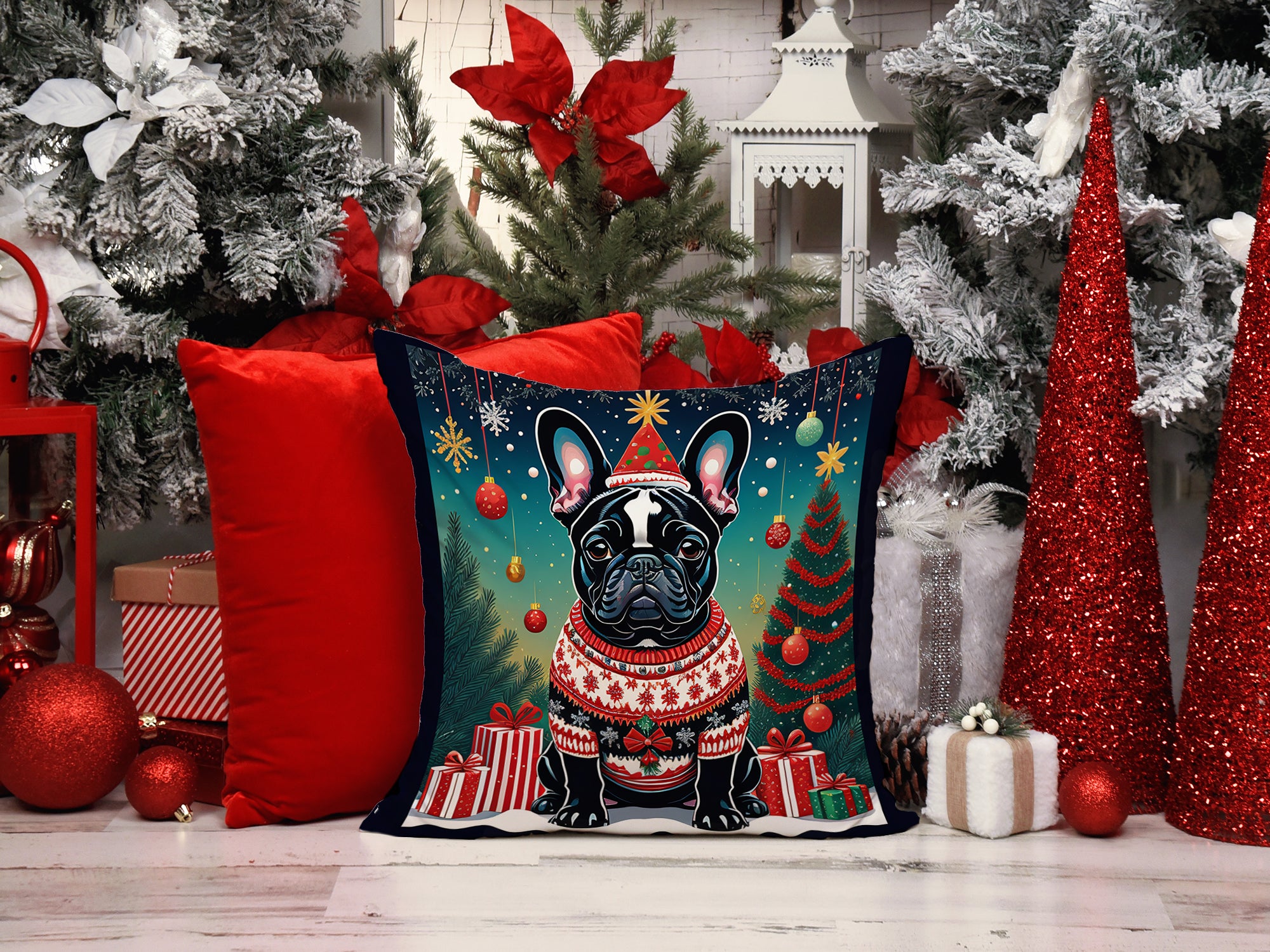 Black French Bulldog Christmas Fabric Decorative Pillow  the-store.com.