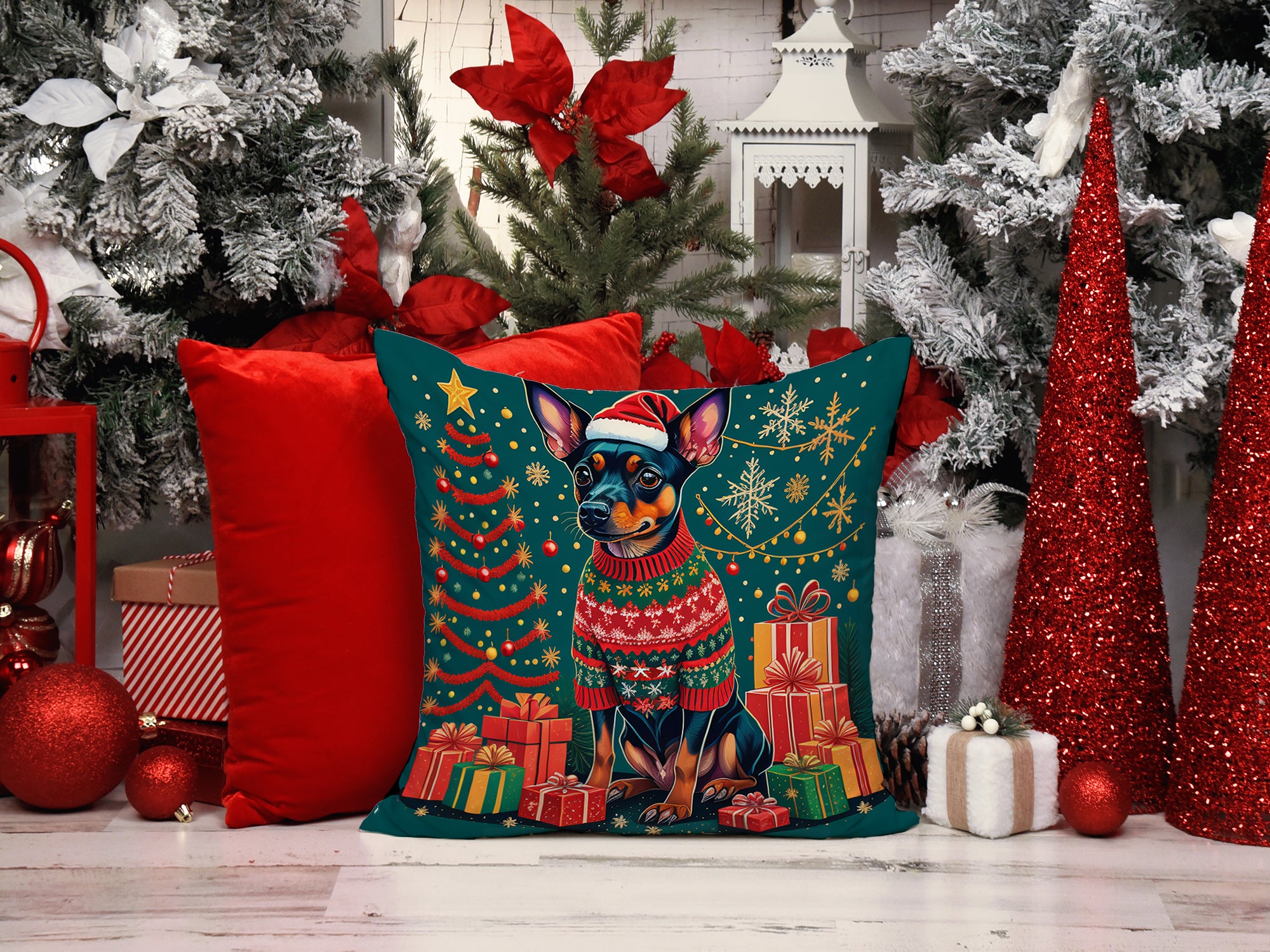 Buy this Miniature Pinscher Christmas Fabric Decorative Pillow